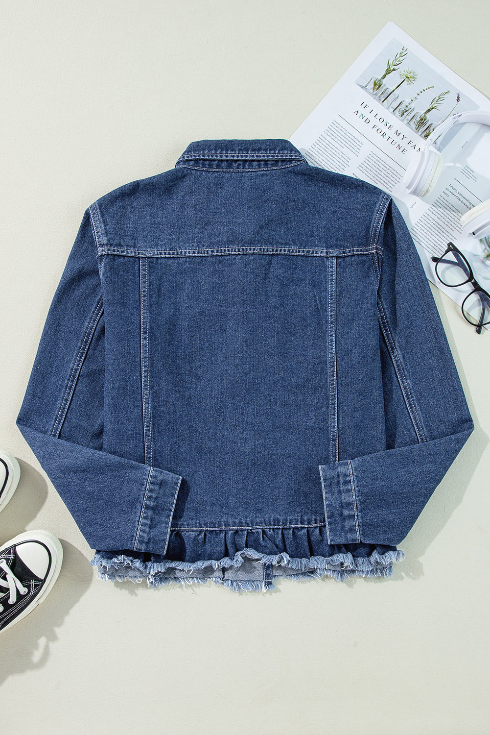 Beau Blue Ruffle Raw Hem Flap Pockets Denim Jacket