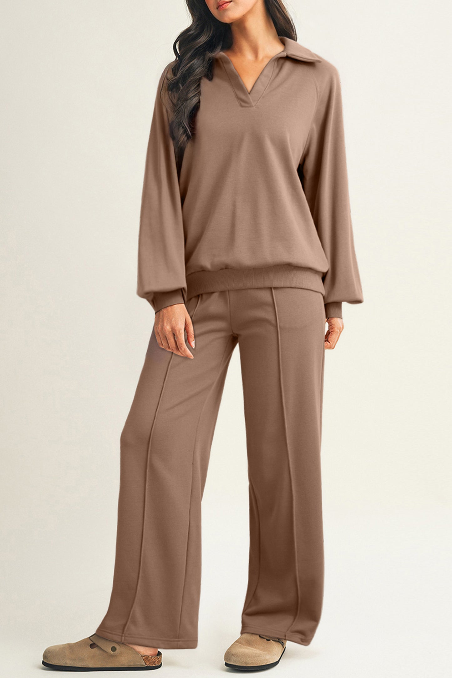 Dark Khaki Polo Collar V Neck Pullover and Drawstring Sweatpants Set