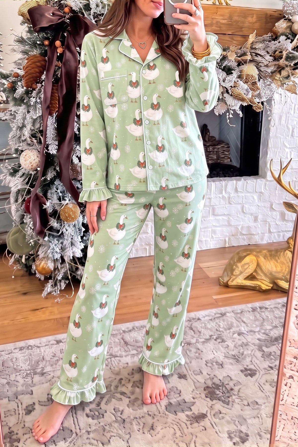 Green Snowflake Goose Print Ruffle Trim Long Sleeve Shirt Style Pajama Pants Set
