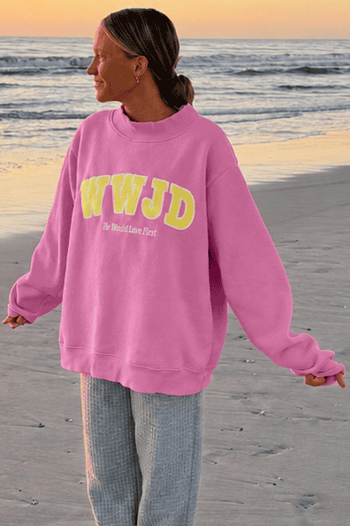 Yellow WWJD Embroidered Trim Slogan Graphic Mock Pullover Sweatshirt
