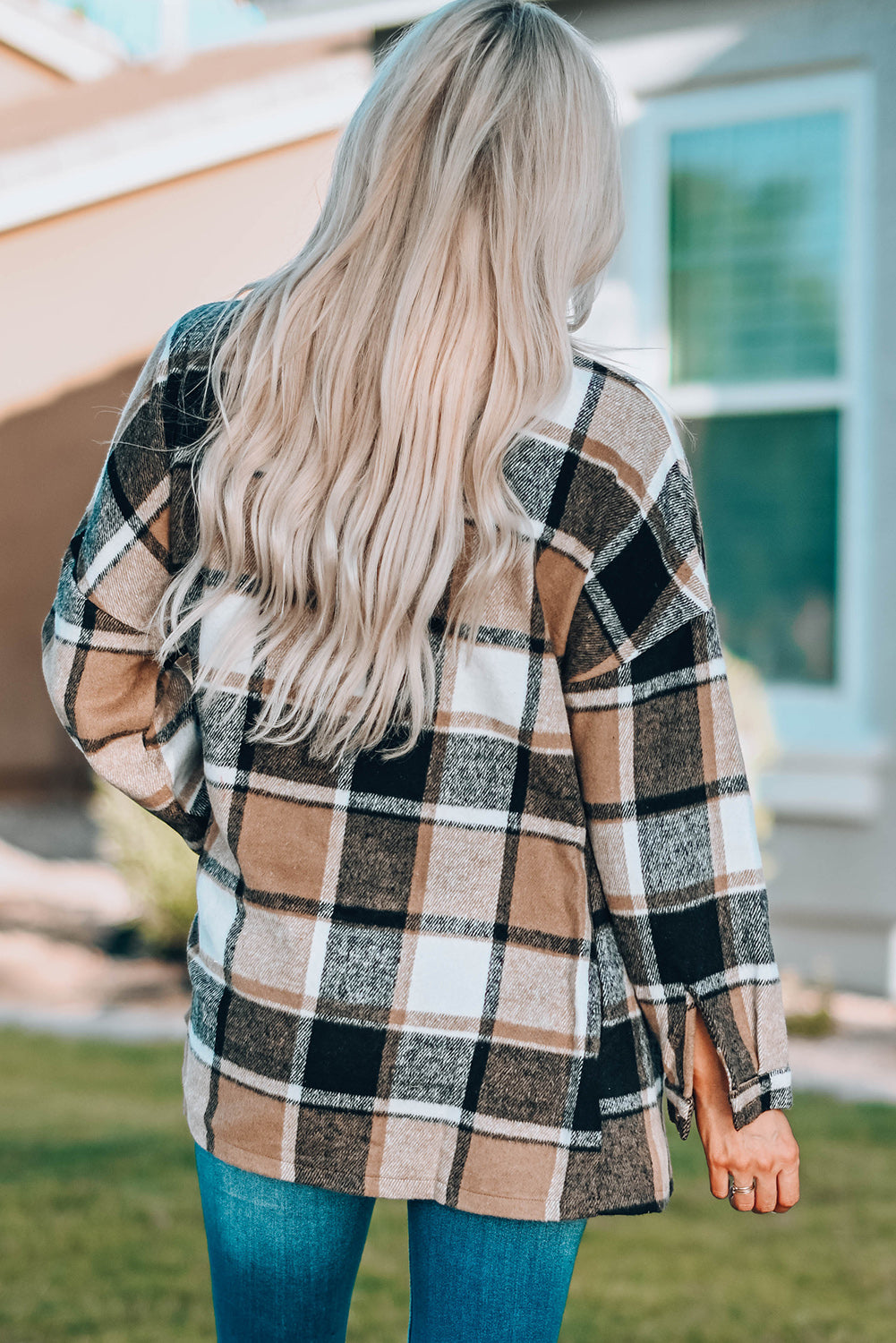 Orange Plaid Print Buttoned Shirt Jacket