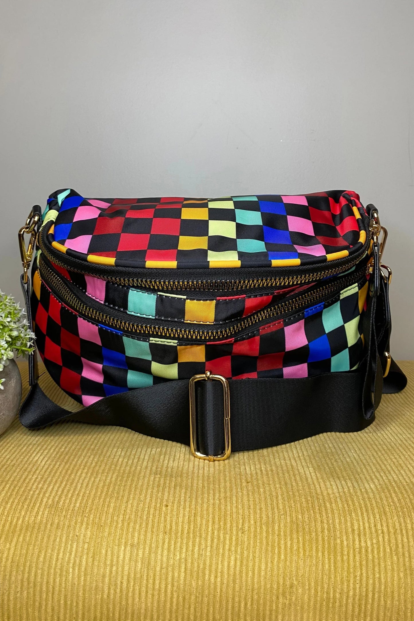 White Pretty Checkerboard Canvas Double Zip Crossbody Bag