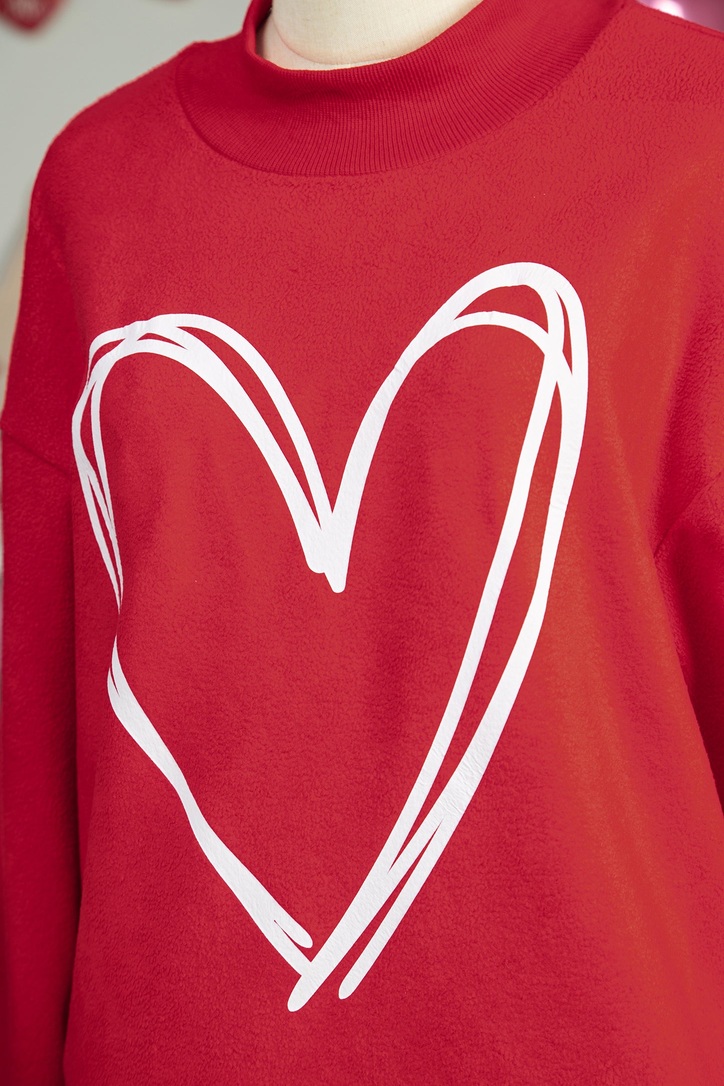 Racing Red Valentines Day Heart Love Script Reversible Printed Double Wear Mock Neck Sweatshirt
