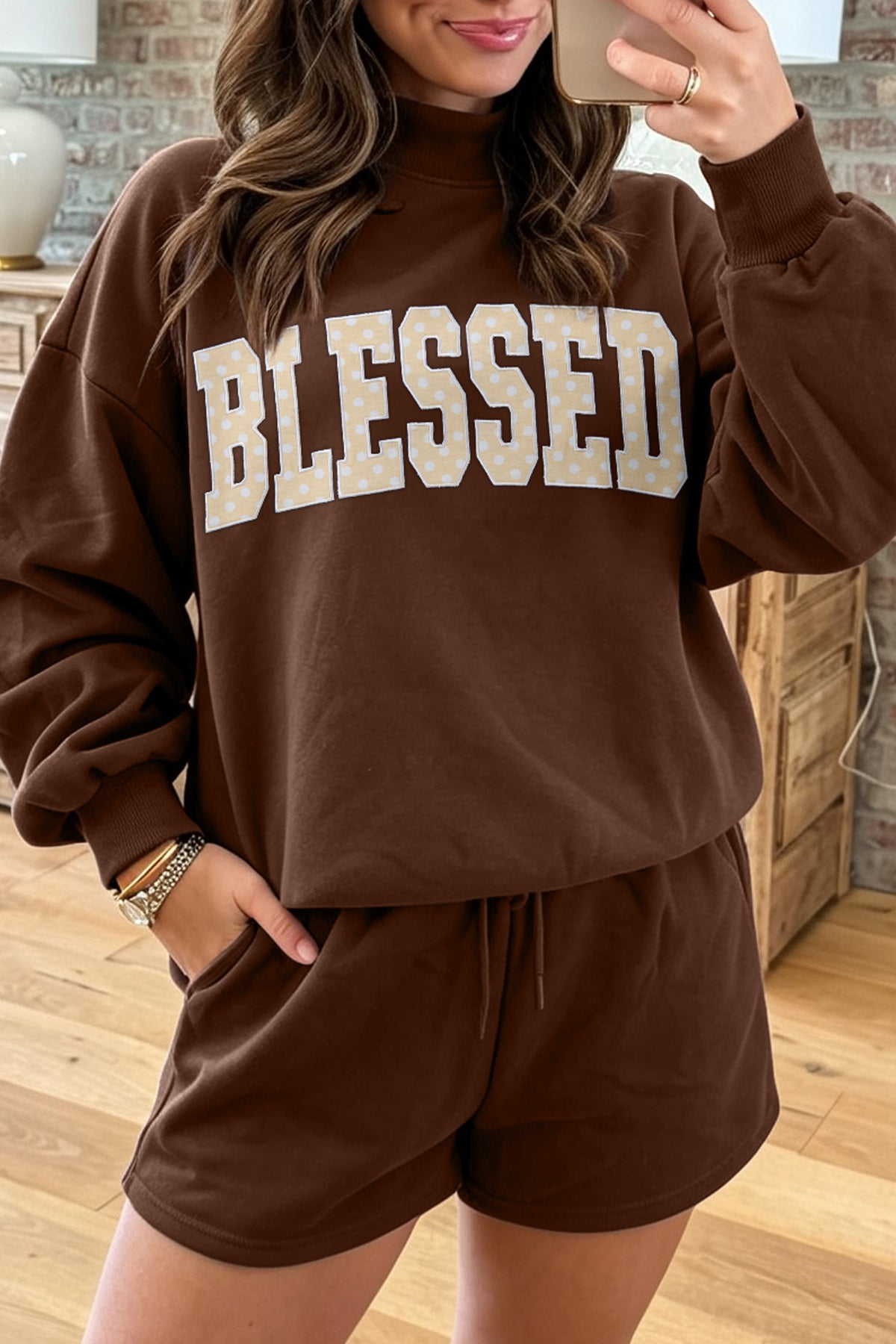 Red Christian Slogan Print Mock Neck Pullover and Shorts Set