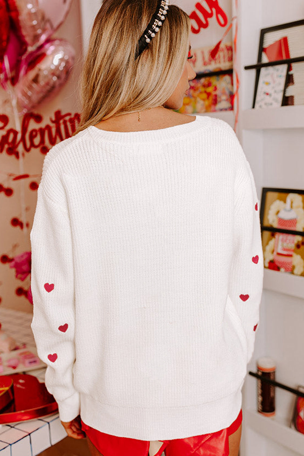 Rose Red Heart Shape Drop Shoulder Round Neck Sweater