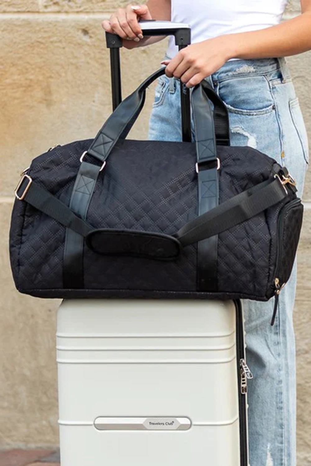 White Rhombus Textured Waterproof Travel Duffel Bag