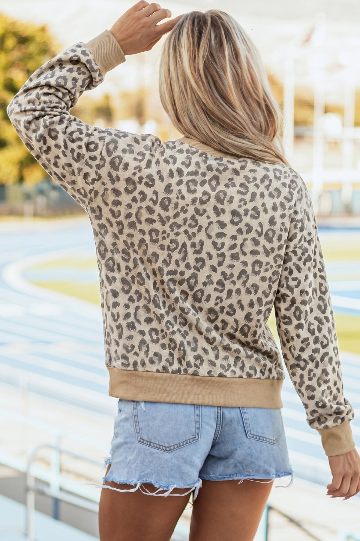 Beige Camouflage Print Ribbed Trim Mock Neck Long Sleeve Top