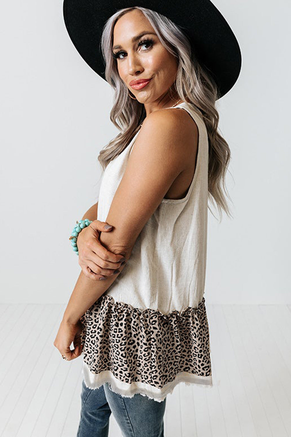 White Leopard Peplum Hemline Flowy Tank Top