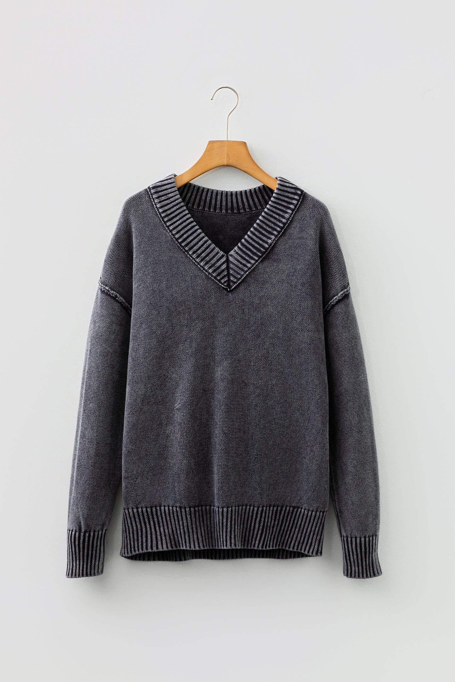 Four Leaf Clover Mineral Wash V Neck Knit Exposed Seam Drop Shoulder Loose Sweater