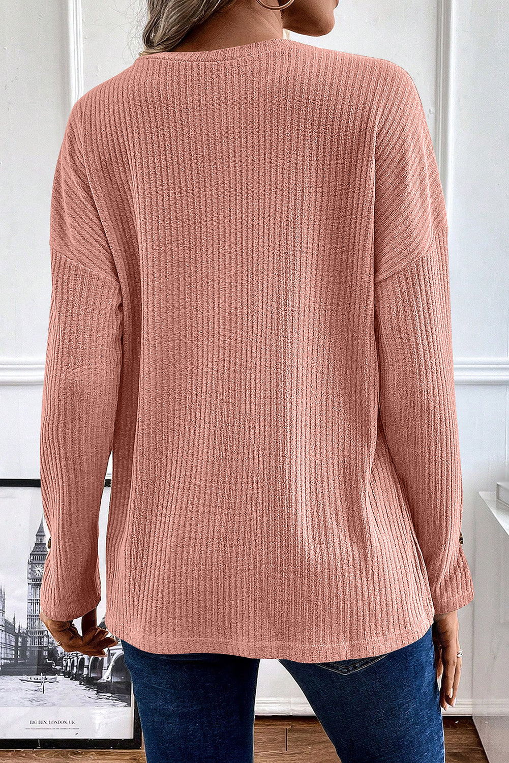 Pale Khaki Rib Textured Henley Knit Top