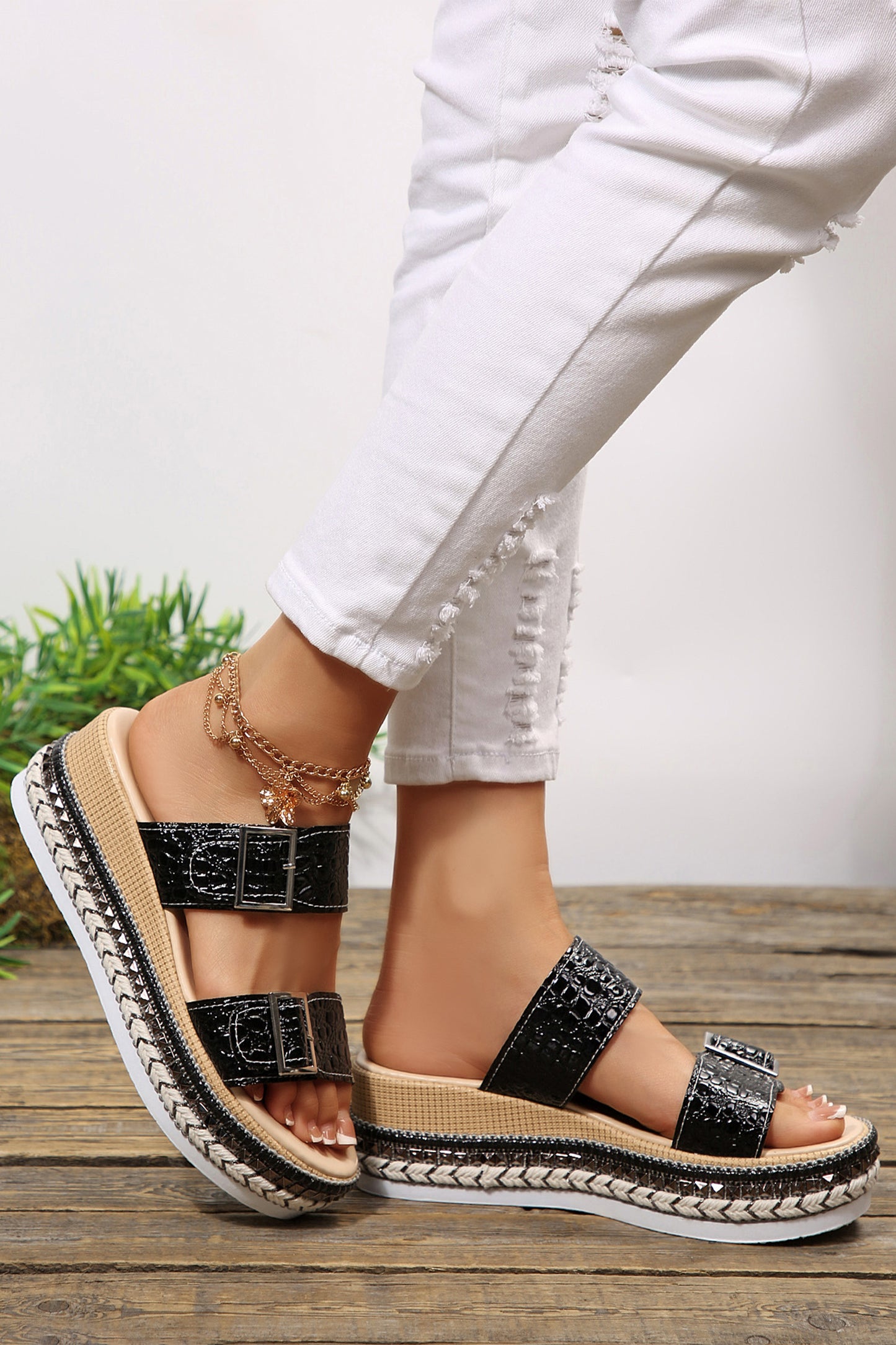 White Metallic Textured PU Leather Buckle Wedge Platform Slippers