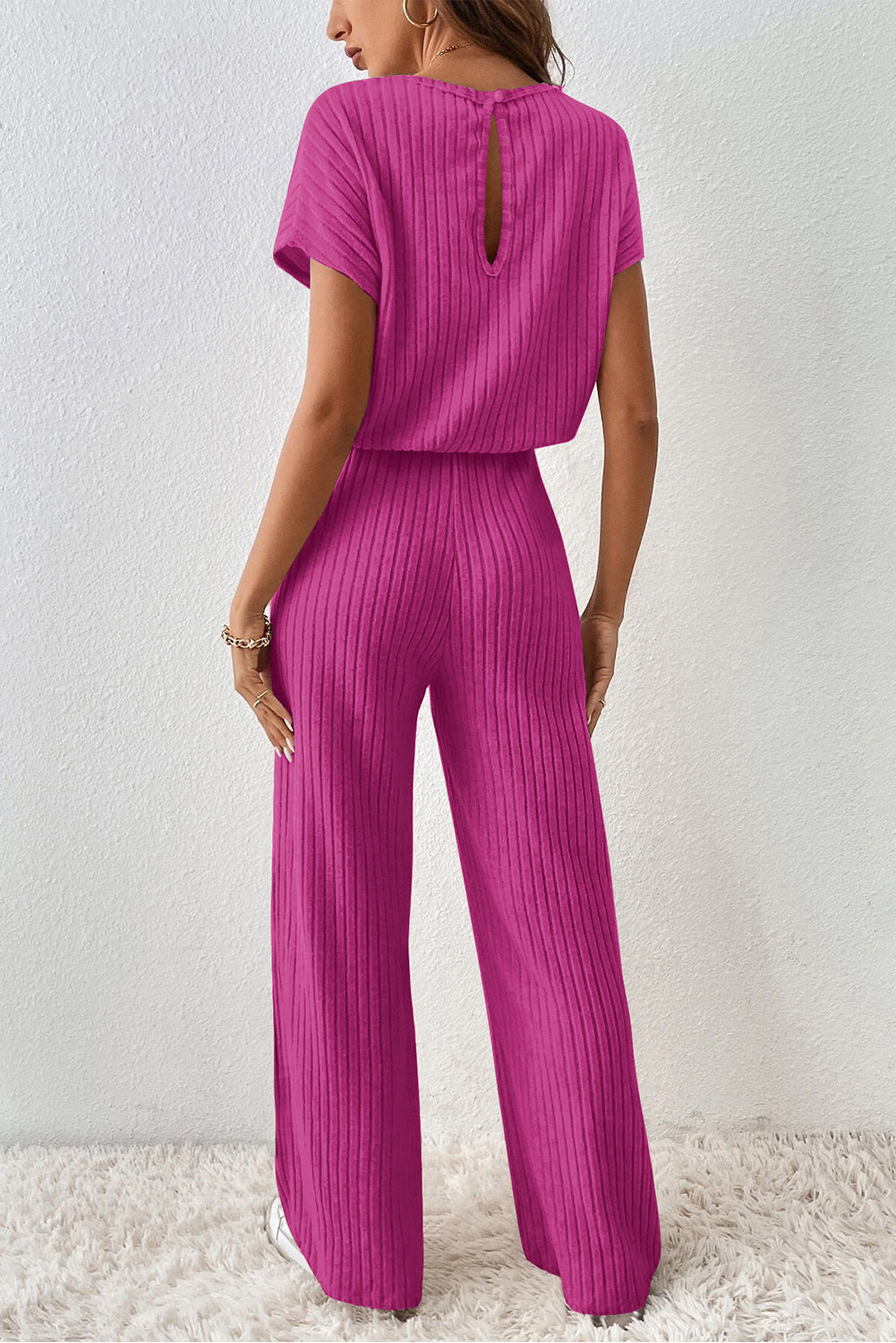 Rose Red Solid Color Ribbed Short Sleeve Wide Leg Jumpsuit