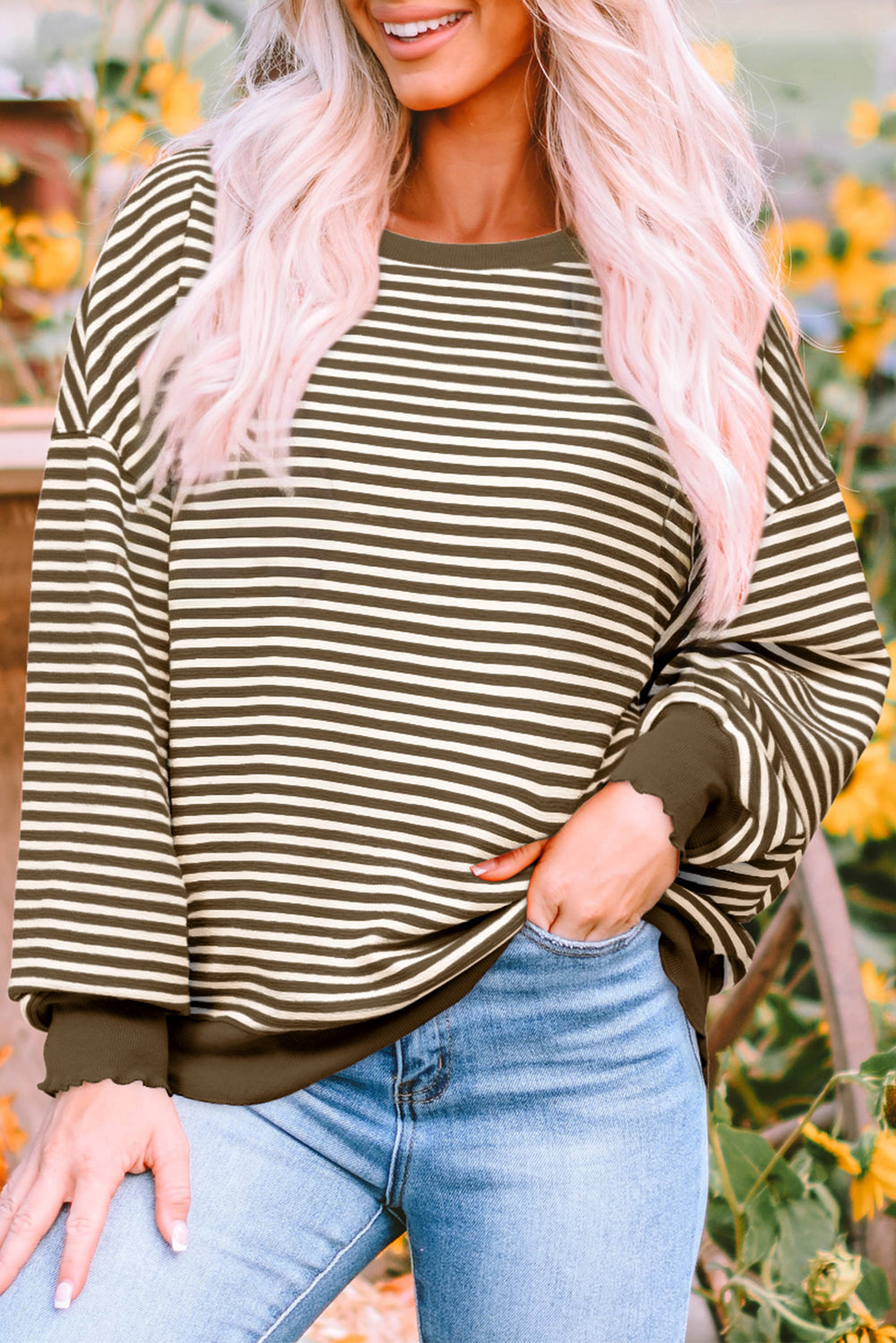 Pink Stripe Loose Drop Shoulder Long Sleeve Top