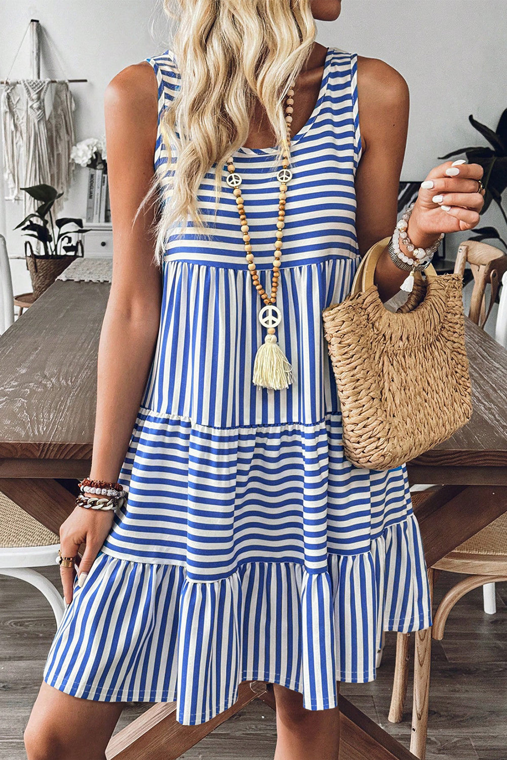 Rose Stripe U Neck Sleeveless Loose Fit Mini Dress