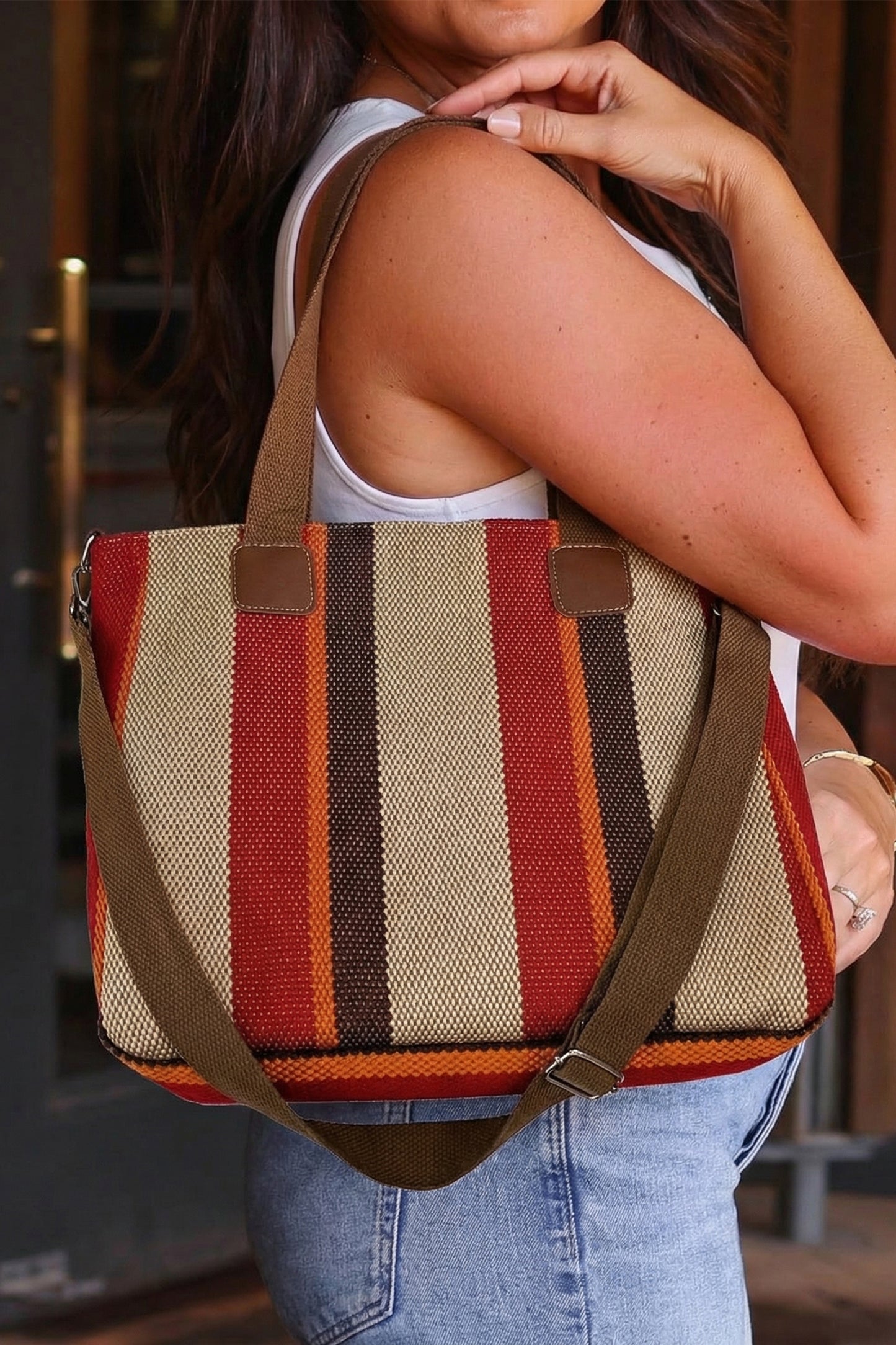 Fiery Red Canvas Striped Convertible Tote Bag