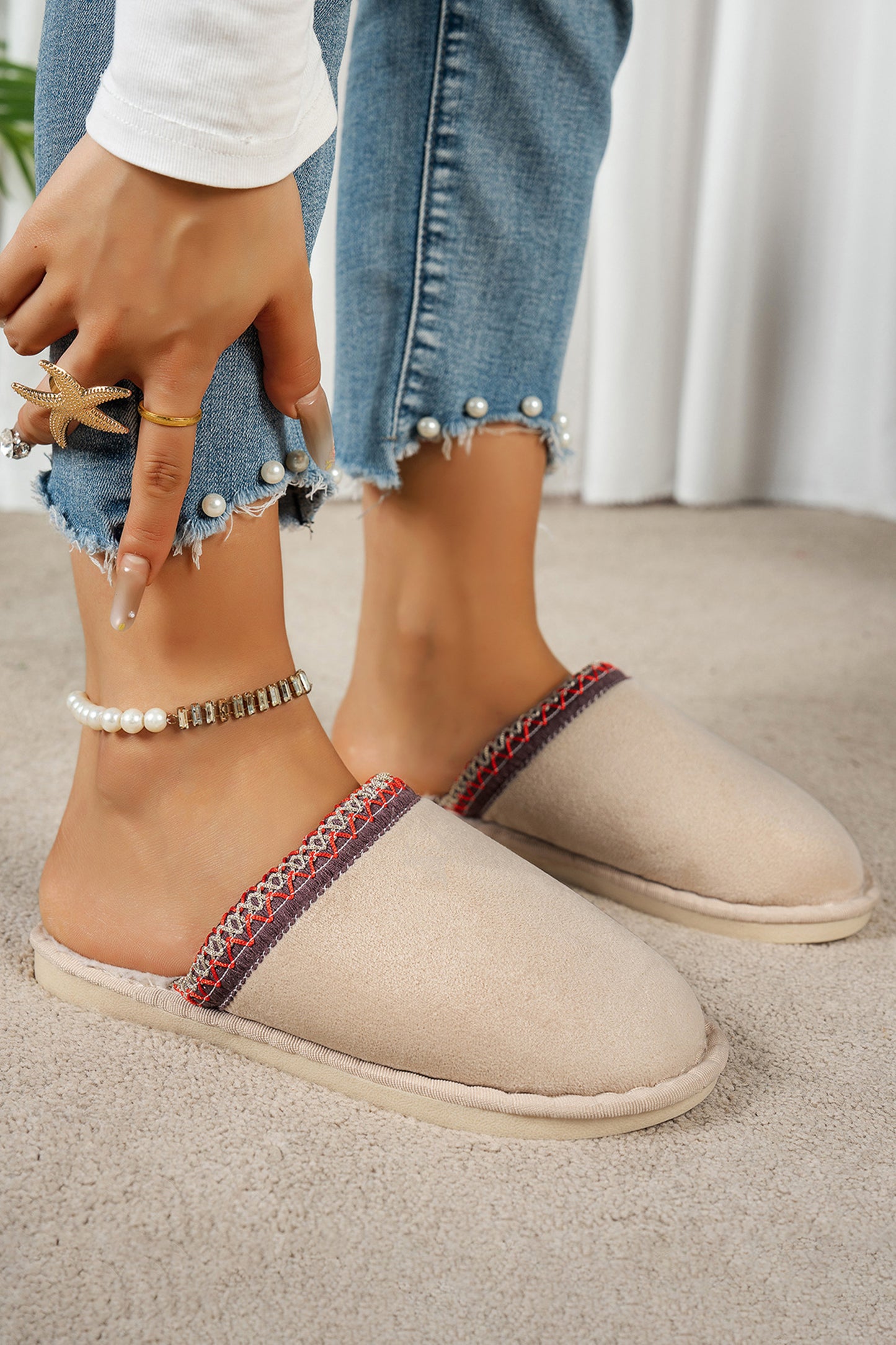 Gray Faux Suede Plush Liner Contrast Embroidered Detail Winter Slippers