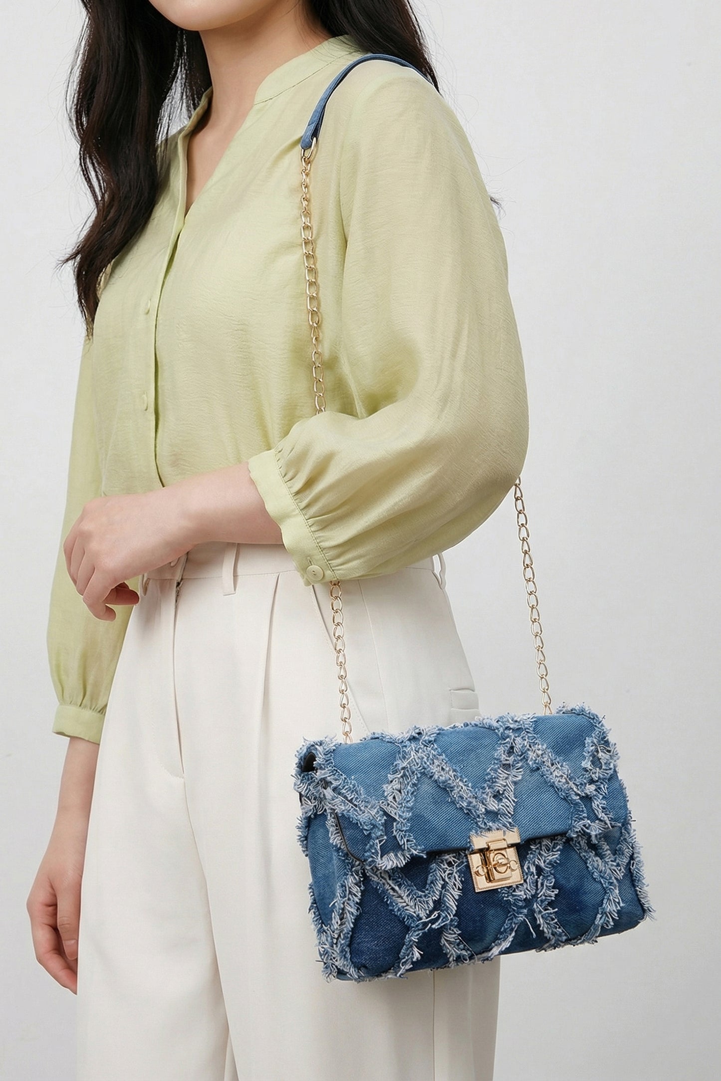 Blue Distressed Lattice Denim Chain Strap Shoulder Bag