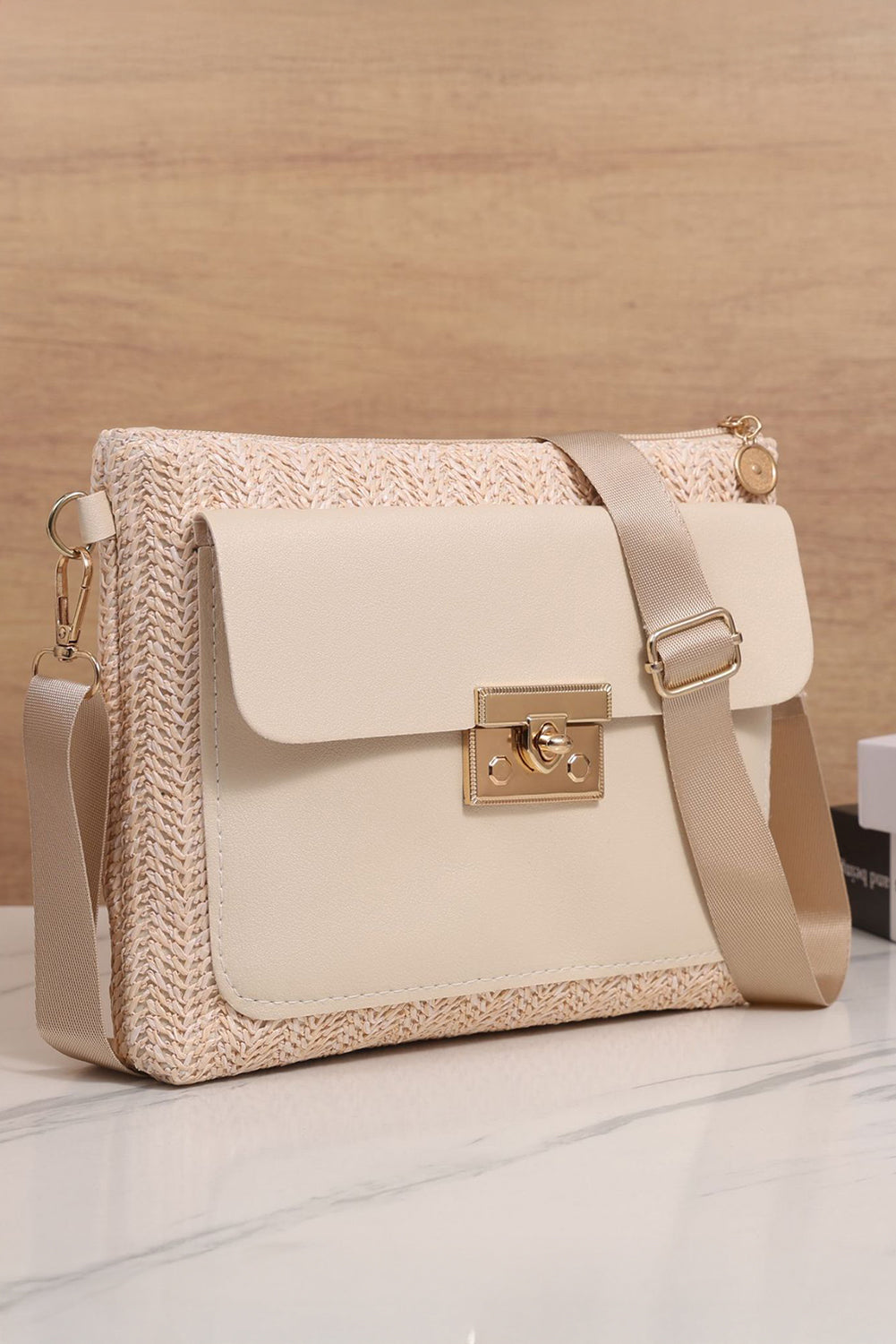 Thai Curry Leather Pocket Patchwork Straw Woven Shoulder Bag