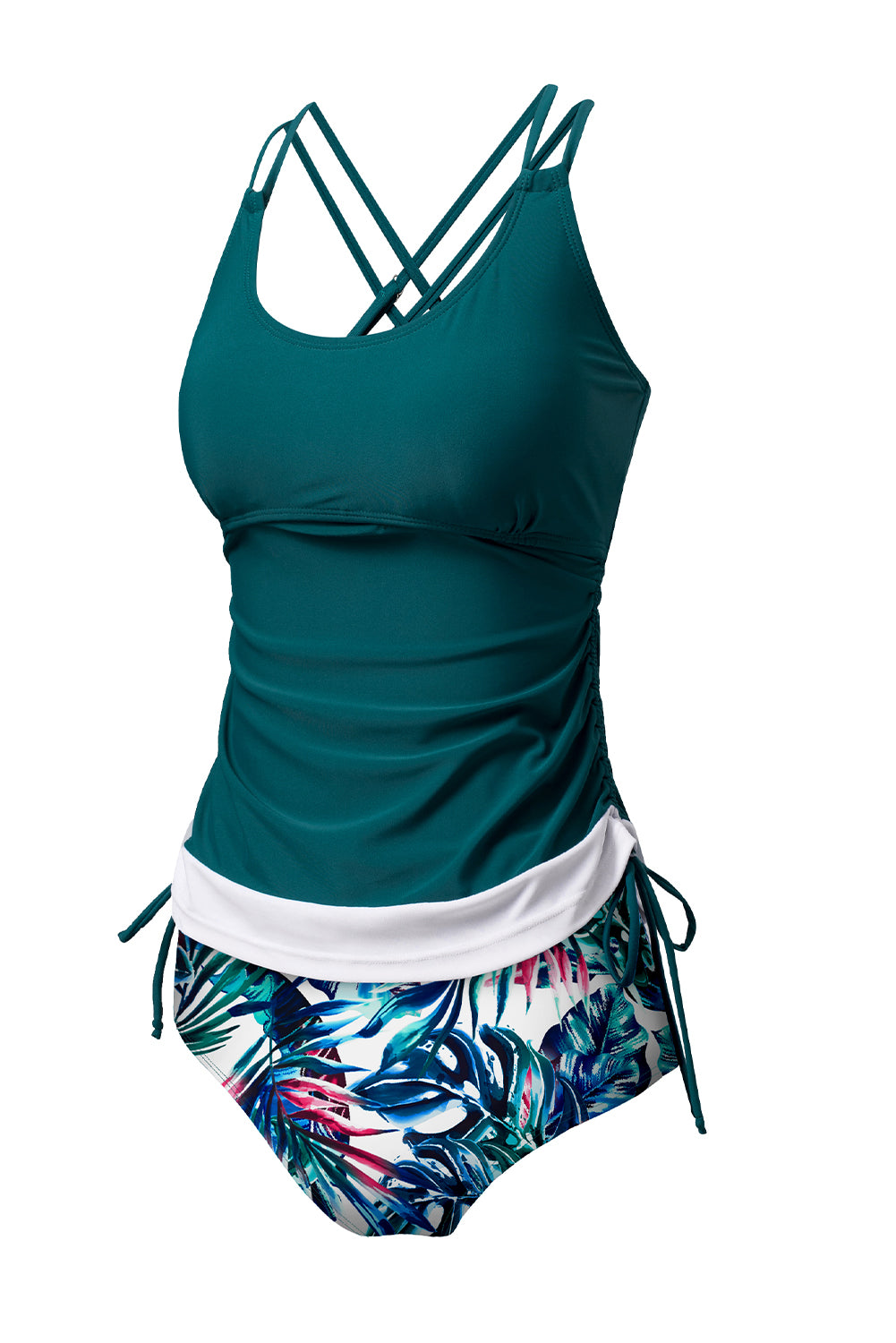 Blue Stripe Drawstring Tummy Control Mix-and-match 2pcs Tankini Swimsuit