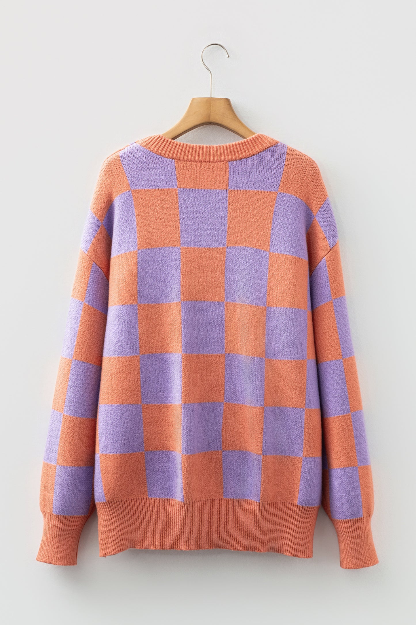 Parchment Checkered Pattern Ribbed Trim Knit Baggy Sweater