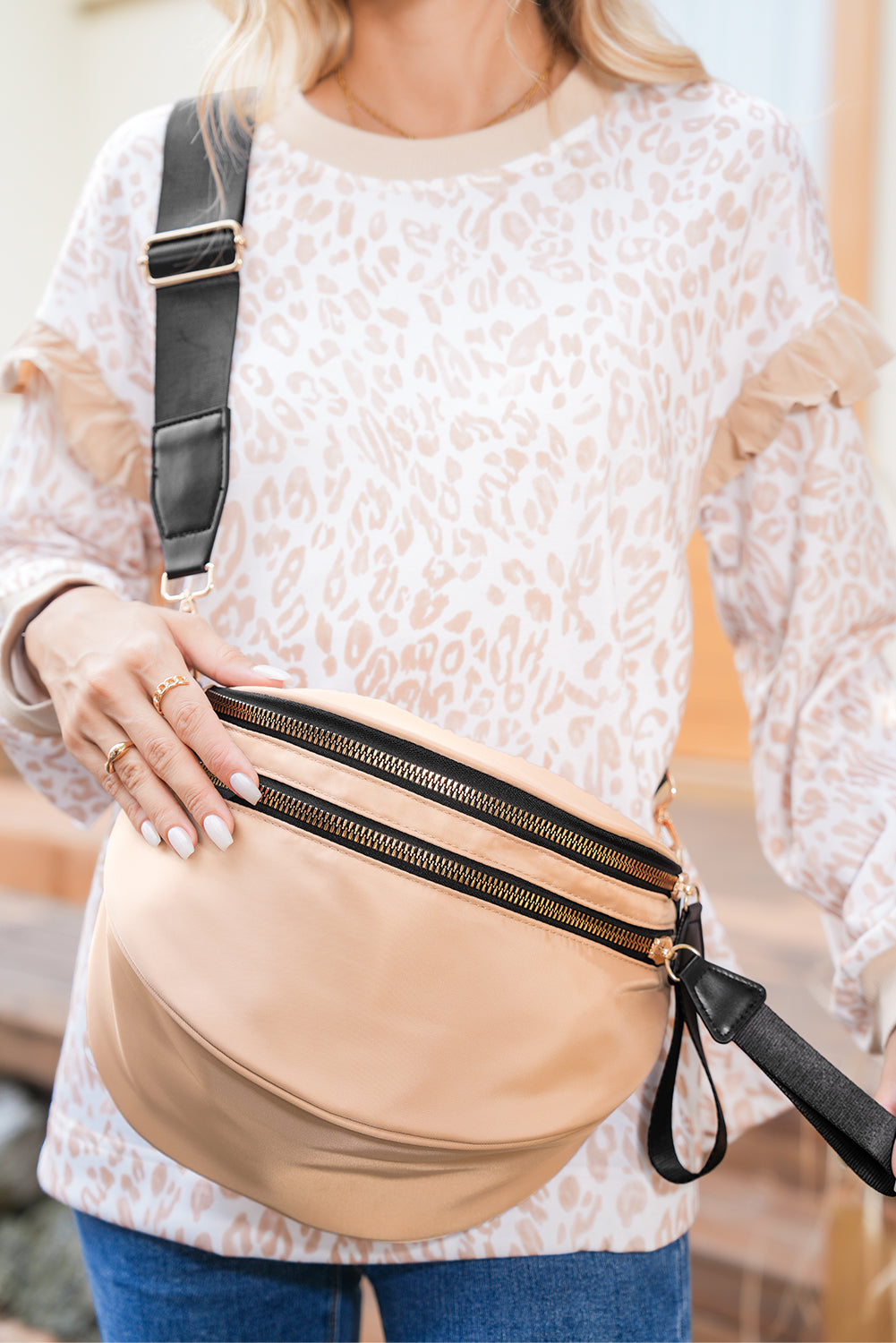Color black Double Zip Crescent Shape Adjustable Sling Bag