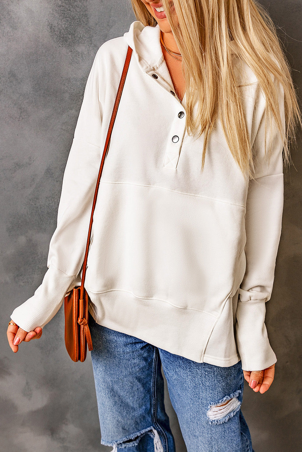 Orange Batwing Sleeve Pocketed Henley Hoodie