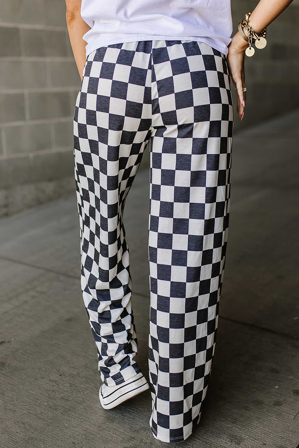 Bonbon 2-Tone Checked Print High Waist Wide Leg Pants