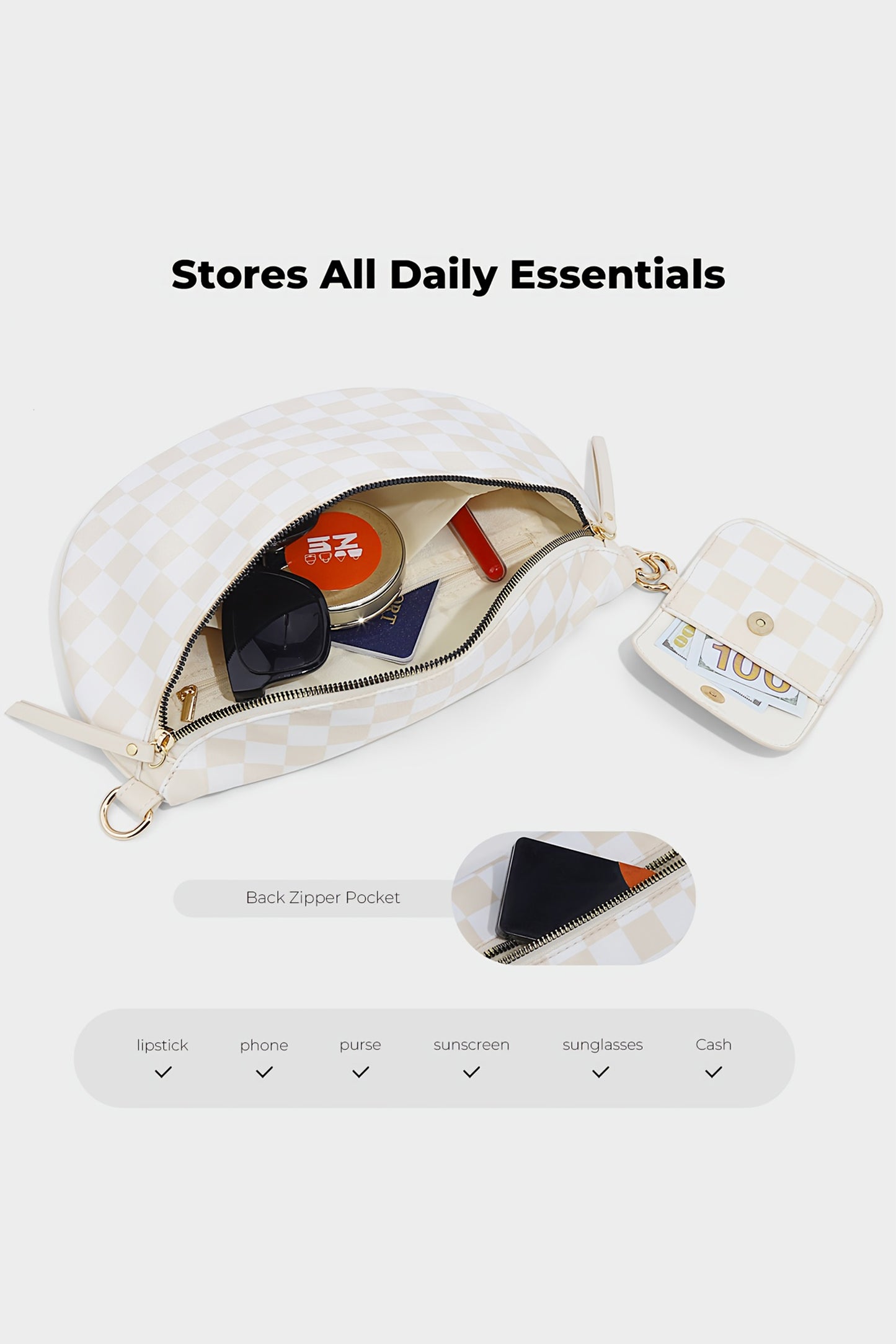 White Checkered Crescent Shoulder Bag with Detachable Pouch