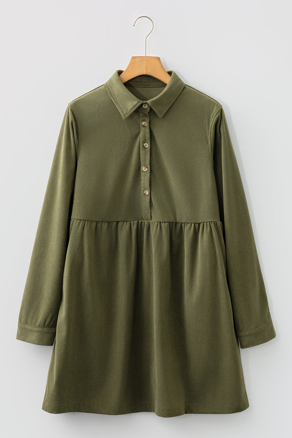 Vineyard Green Corduroy Half Button Collared Long Sleeve Mini Dress