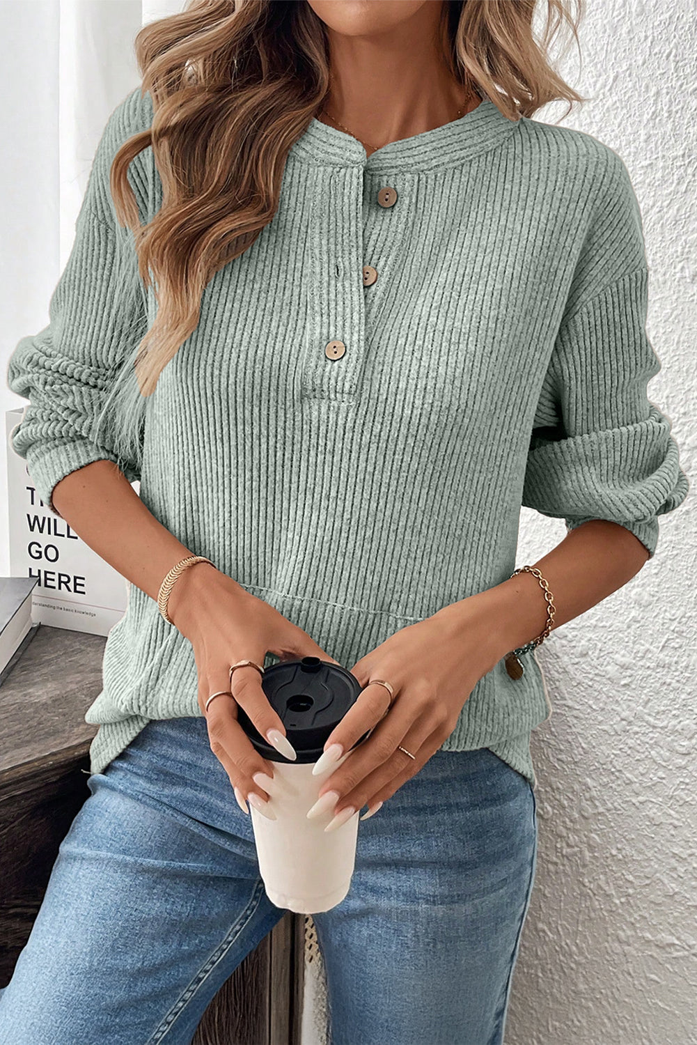 Simply Taupe Ribbed Texture Drop Shoulder Henley Knit Top