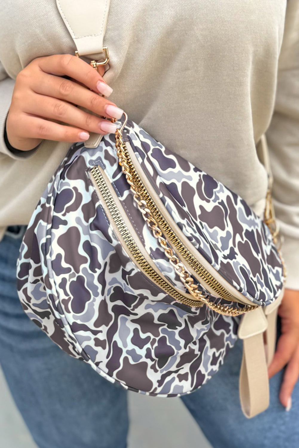 Four Leaf Clover Abstract/ Camouflage/ Polka Dot/ Leopard Print Double Zip Fashion Crossbody Bag