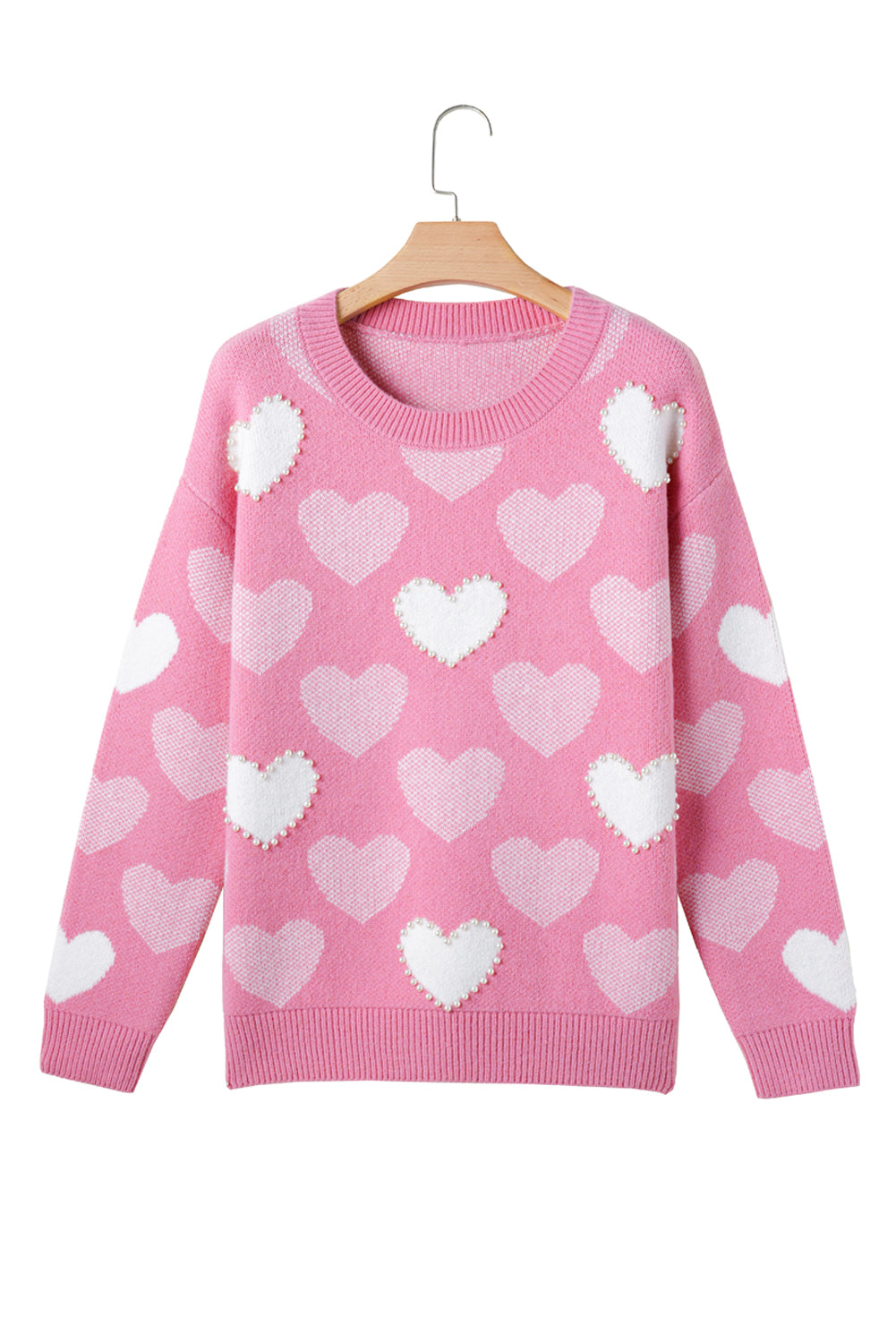 Pink Pearled Heart Print Valentines Crew Neck Sweater