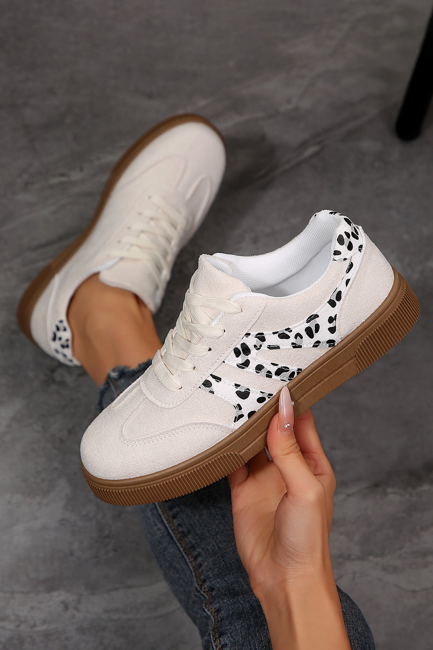 White Suede Leopard Color Block Trim Lace-up Casual Shoes