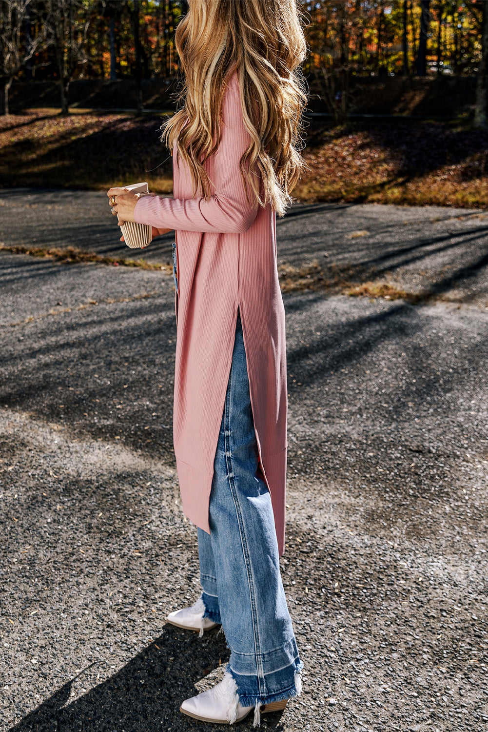 Light French Beige Ribbed Button-Up Split Duster Cardigan