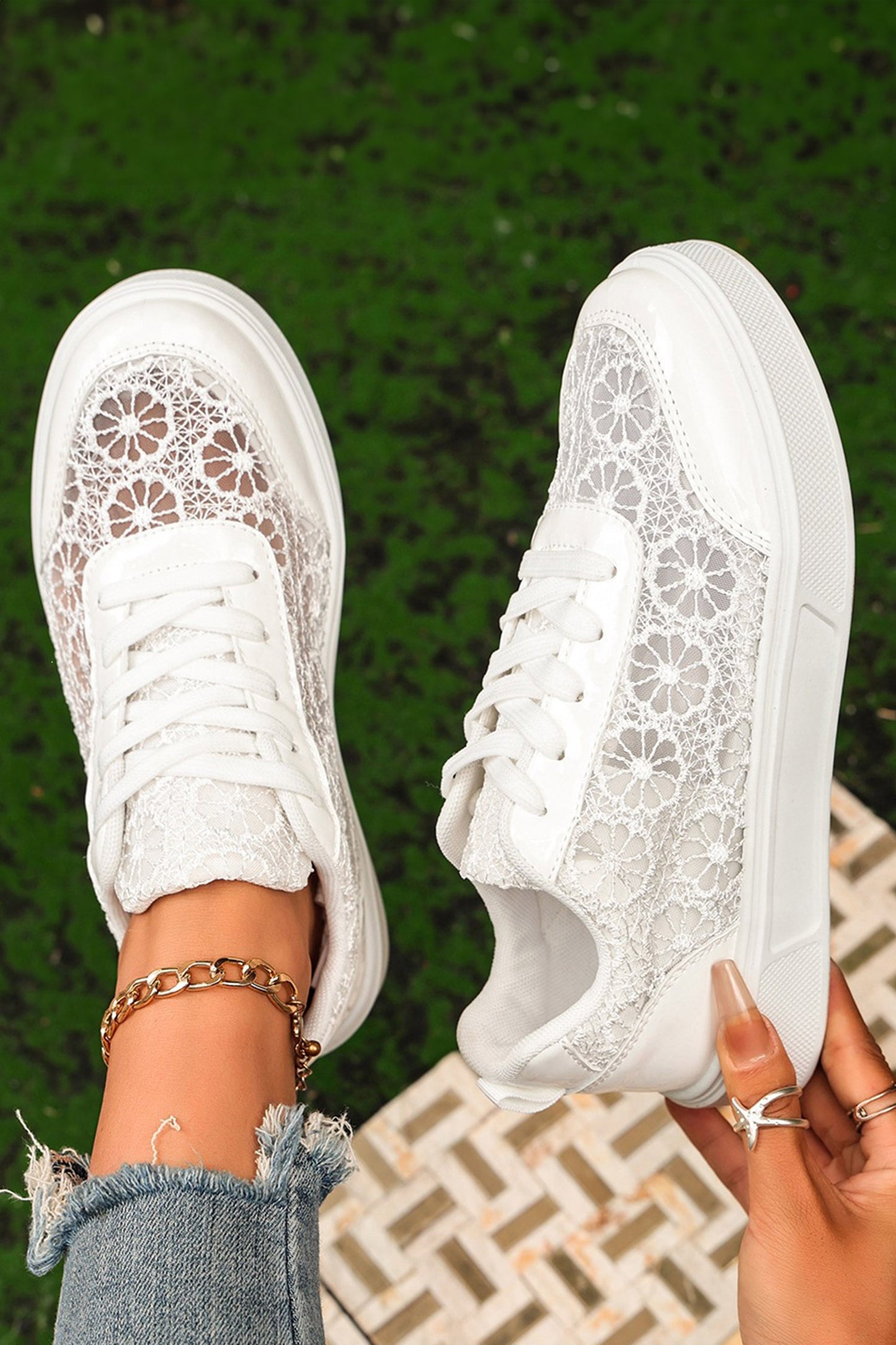 Color black Sheer Floral Lace Slip-On Casual Sneakers