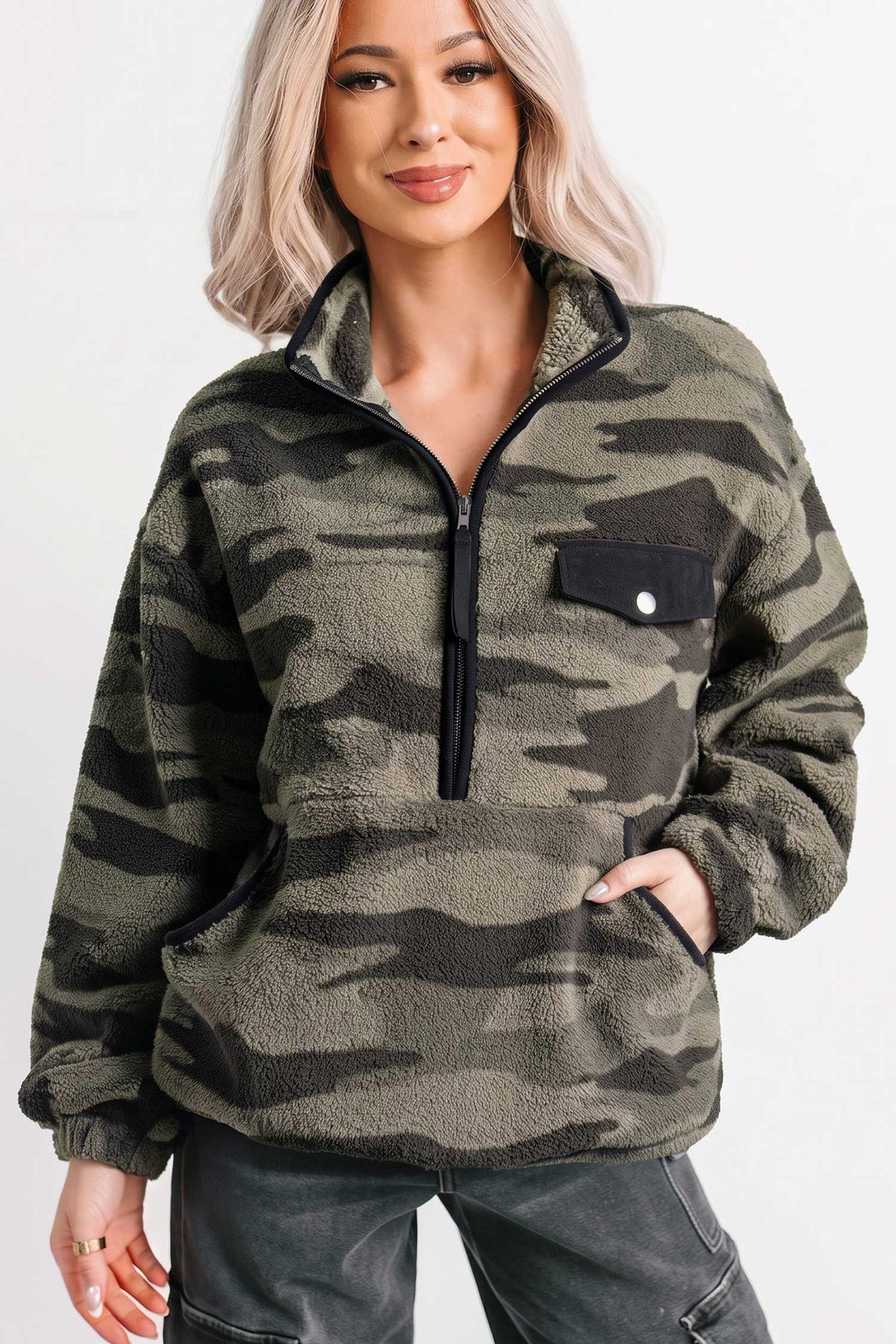 Multicolour Camouflage Fleece Half Zip-Up Long Sleeve Pocket Sweatshirt