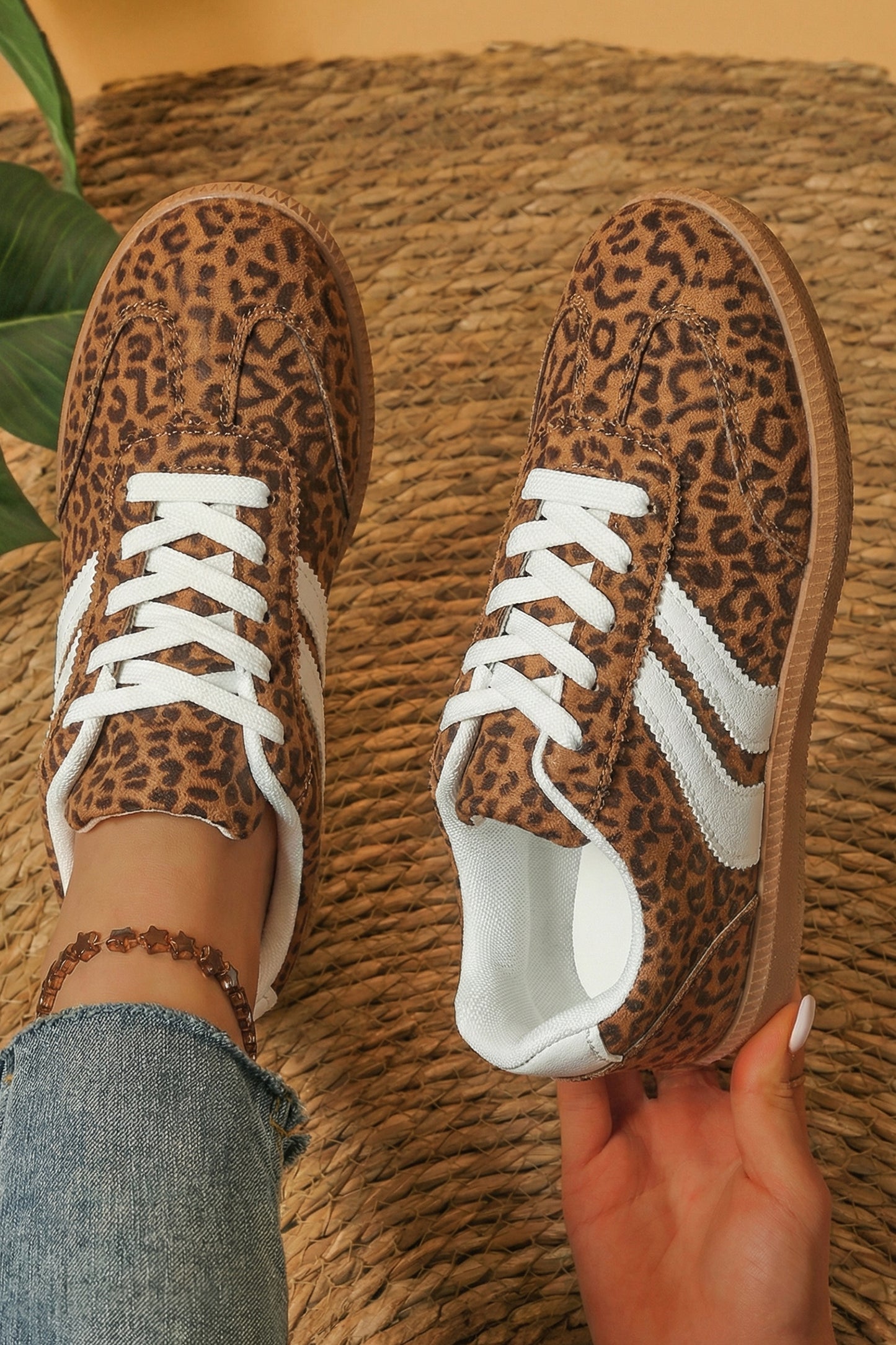 White PU Leather Detail Shimmer Leopard Printed Lace-up Sneakers