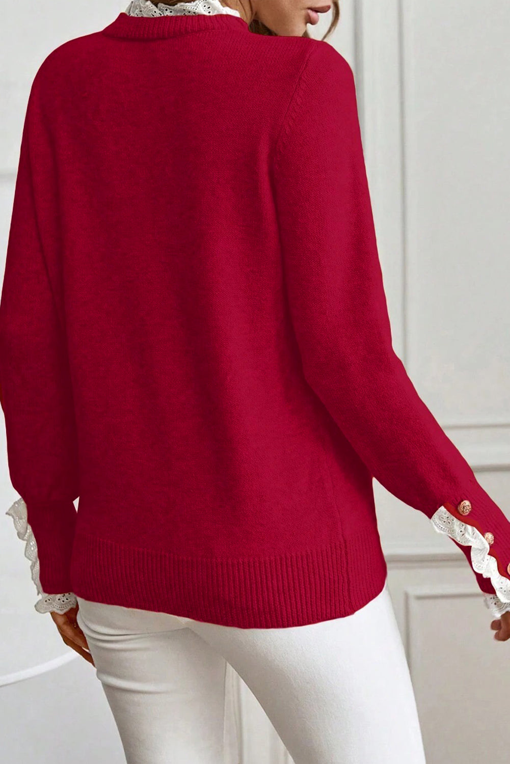 Jet Stream Lace Trim Patchwork Buttoned Cuffs Loose Sweater
