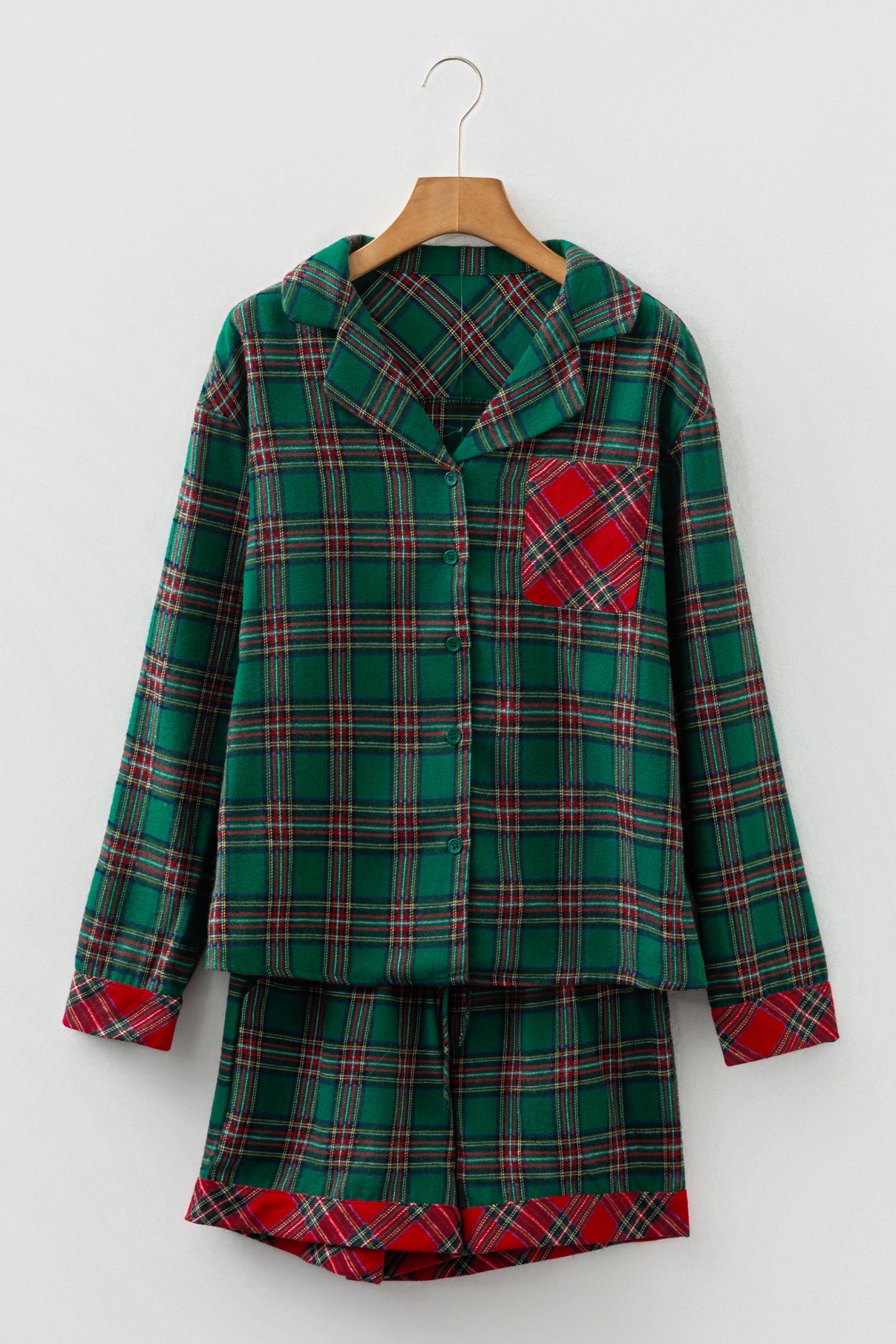 Red Plaid Contrast Patched Christmas Holiday Long Sleeve Shirt and Short 2pcs Pajama Set
