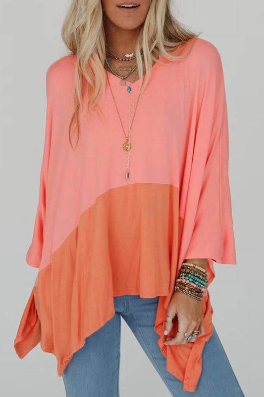 Grapefruit Orange Contrast Color Patchwork Oversized Side Split Top