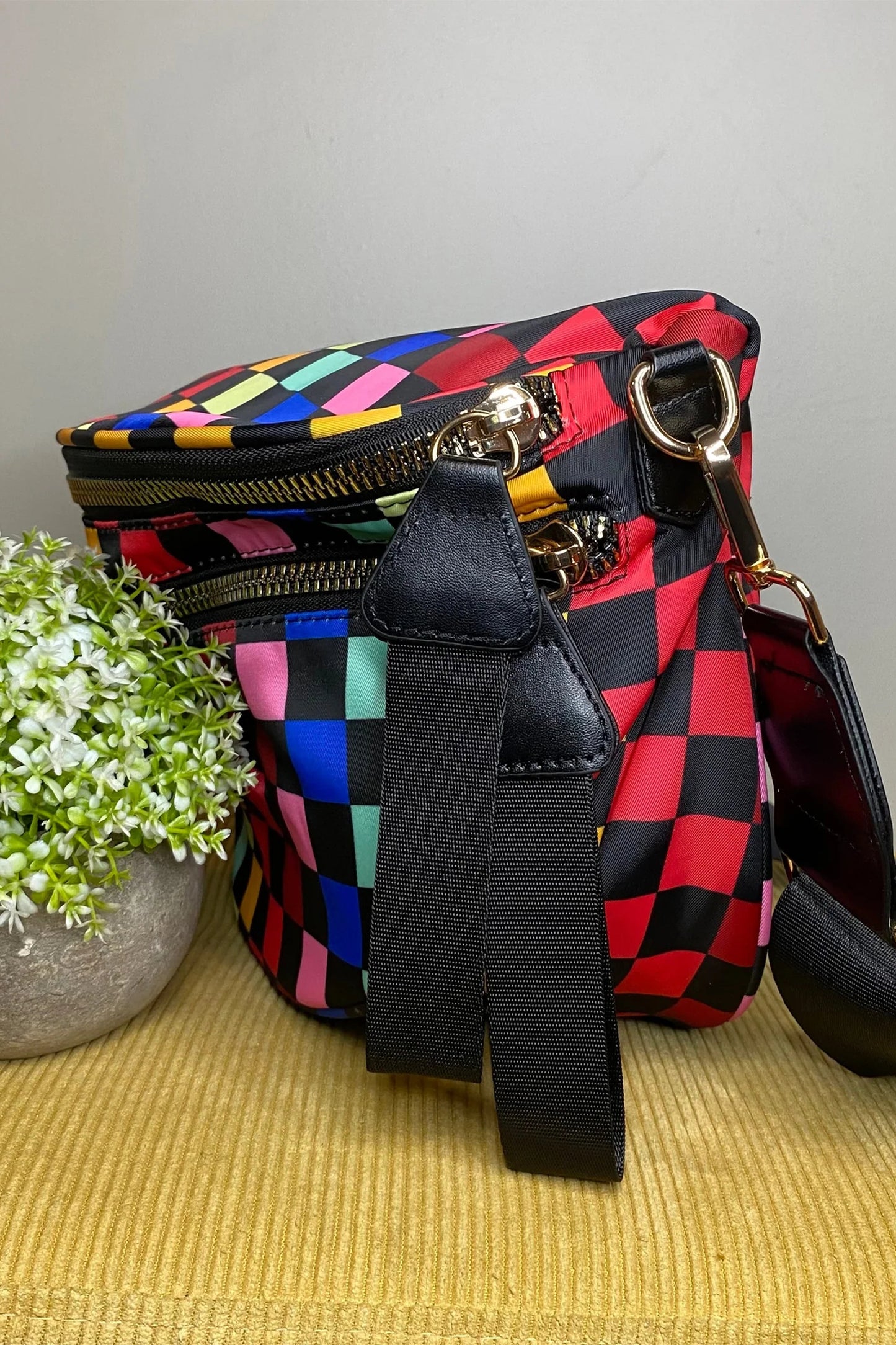 White Pretty Checkerboard Canvas Double Zip Crossbody Bag