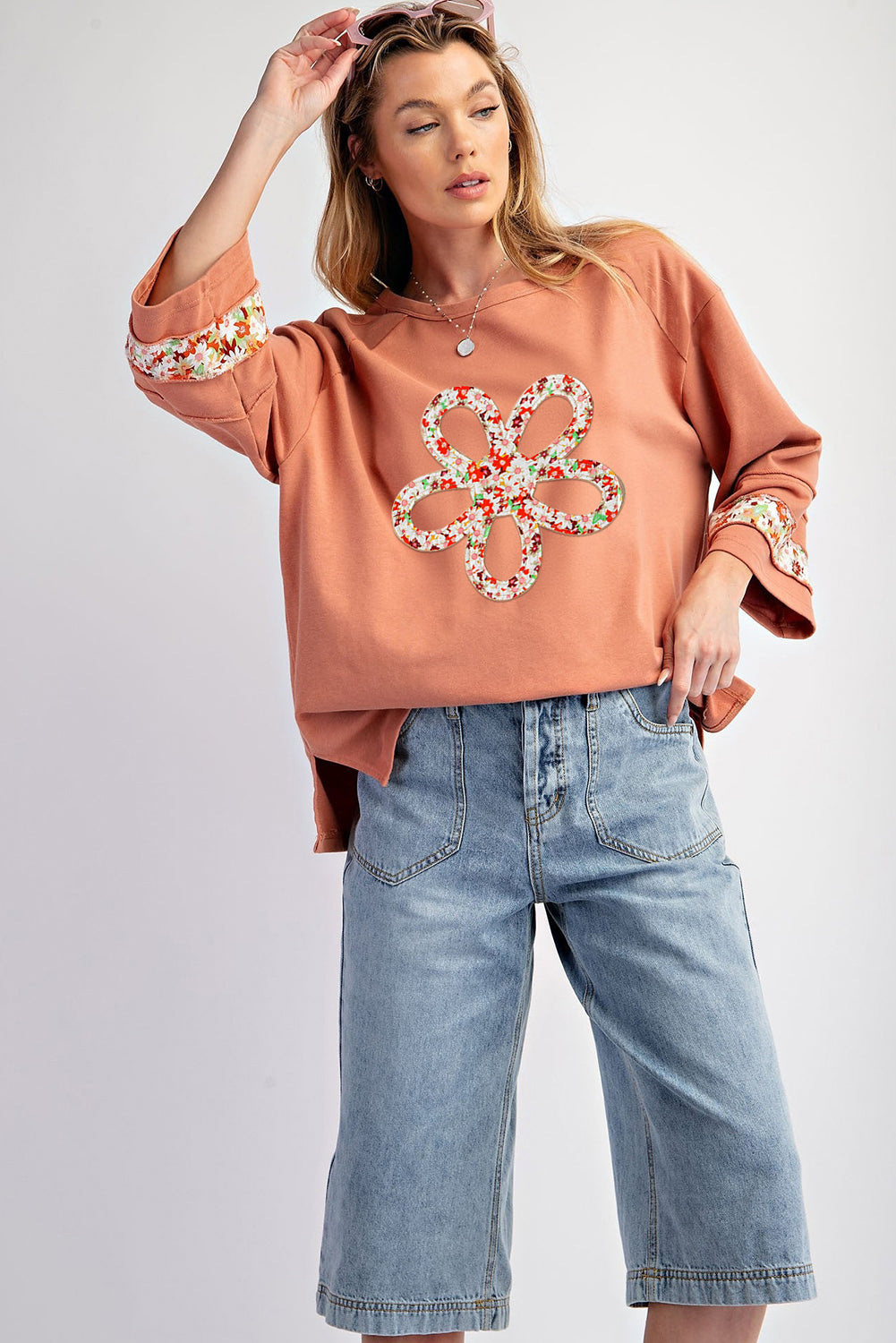 Beige Flower Patch Graphic Exposed Seam Wide Sleeve Top