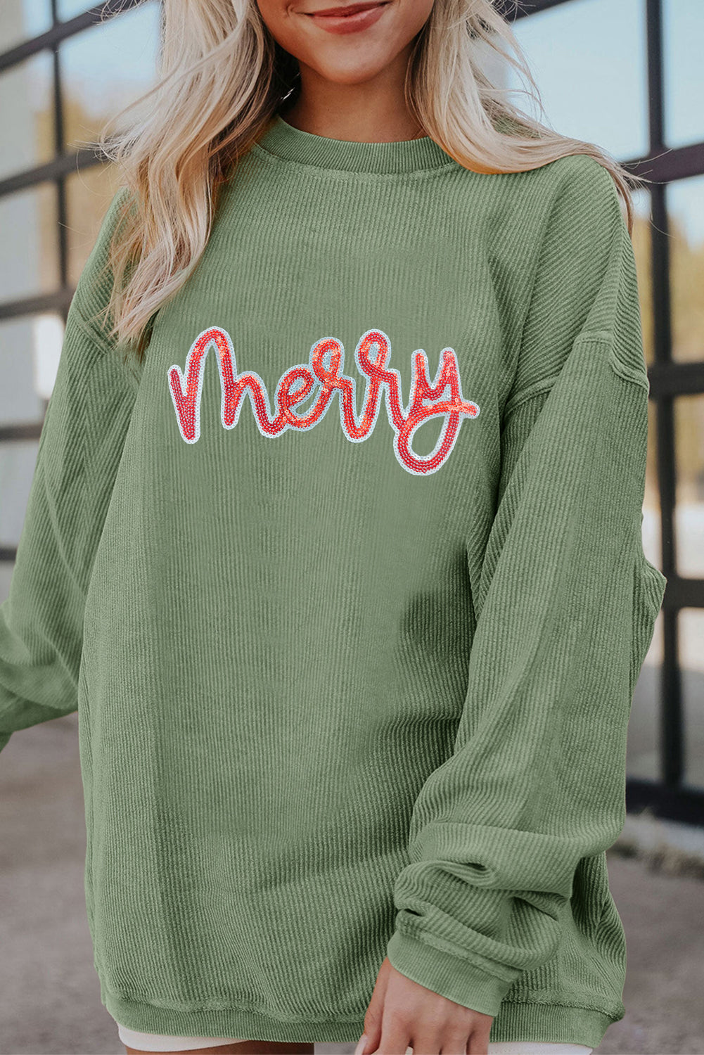 Grass Green Sequined merry Letter Graphic Twisted Ribbed Baggy Sweatshirt