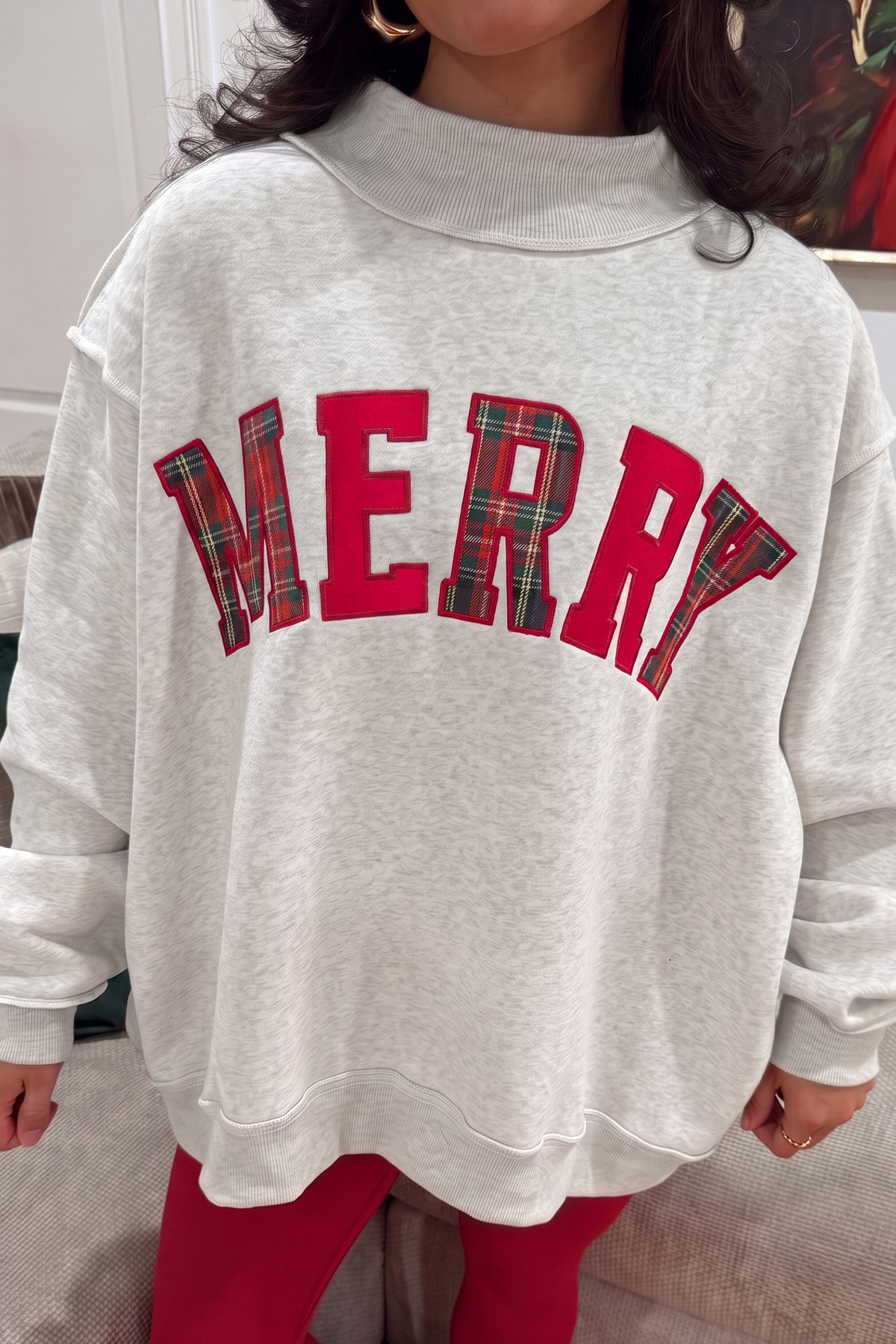 Blackish Green MERRY Embroidered Letter High Neck Tunic Pullover Sweatshirt