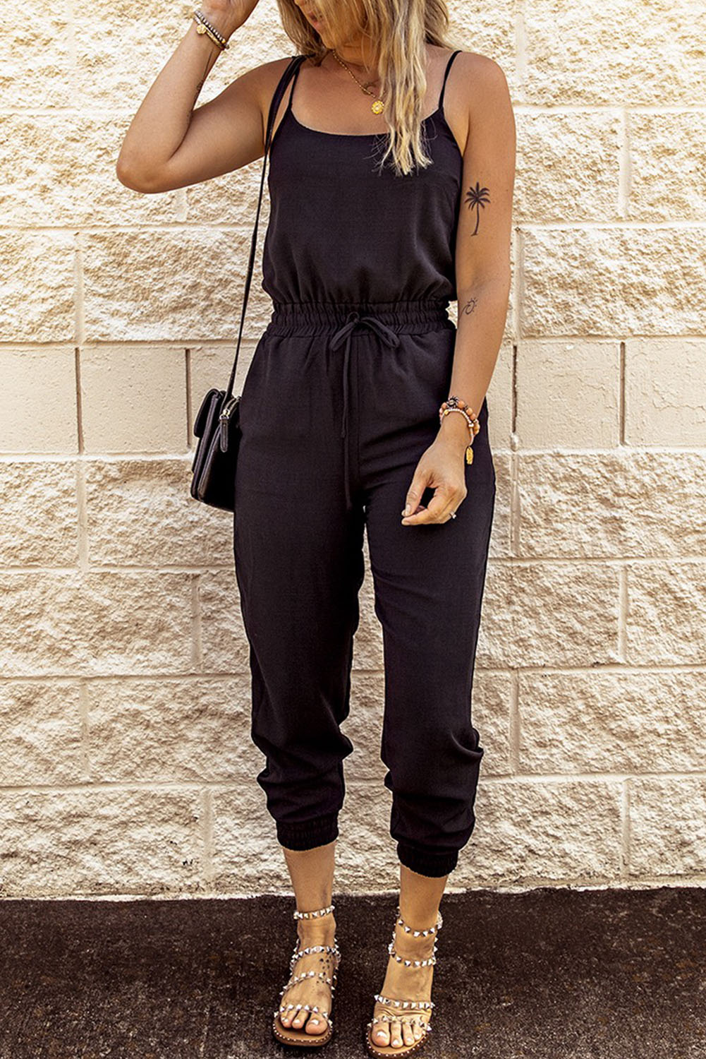 Black Drawstring Waist Spaghetti Straps Jumpsuit