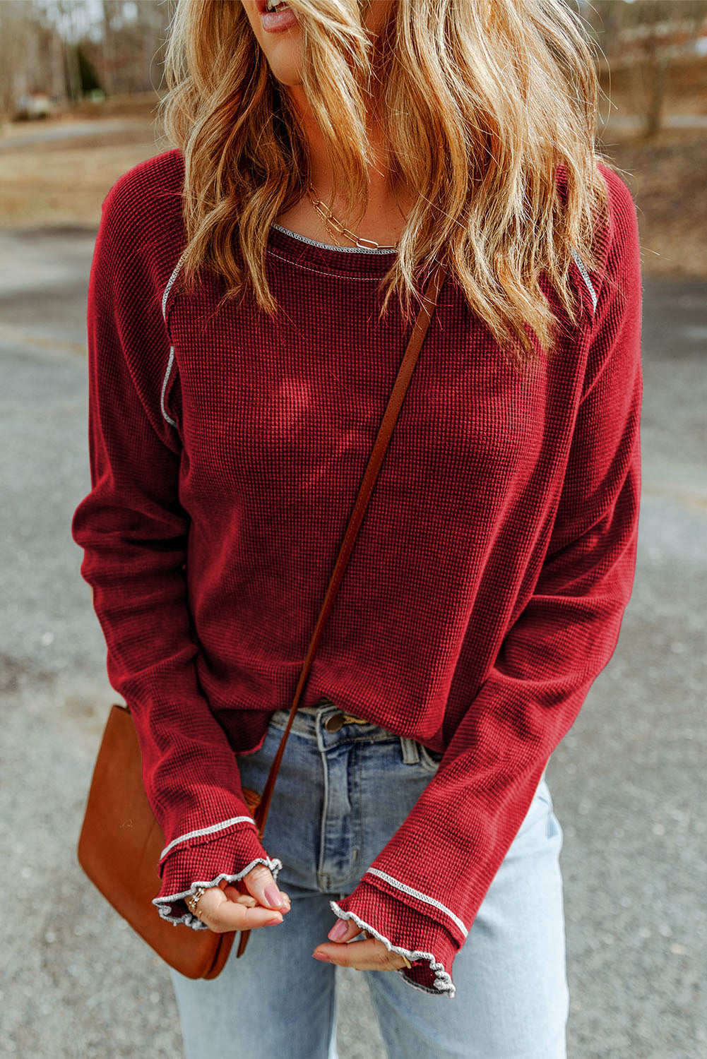 Brown Textured Round Neck Long Sleeve Top