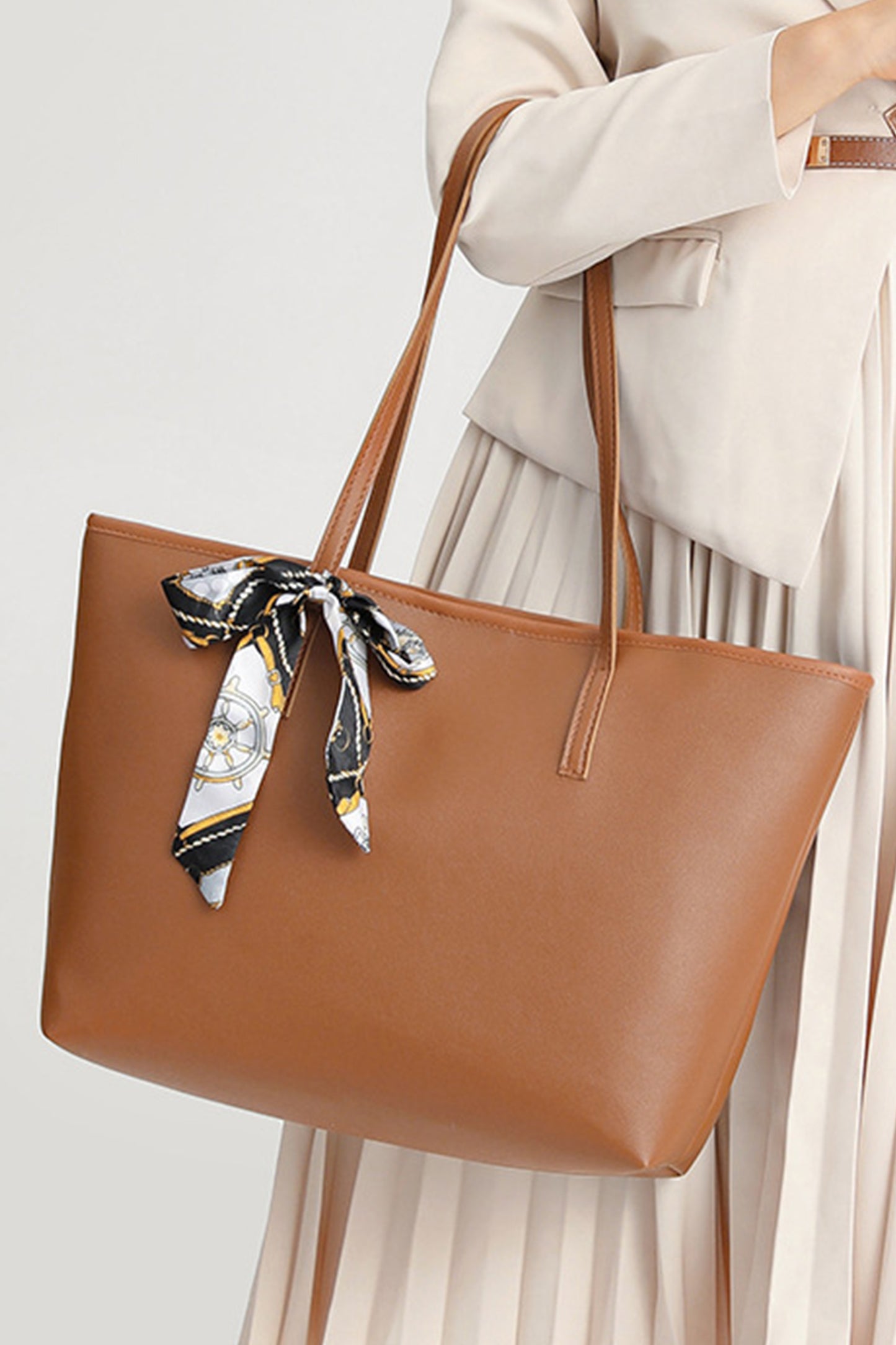 Chestnut Solid Color Large Capacity PU Leather Bag with Ribbon Detail