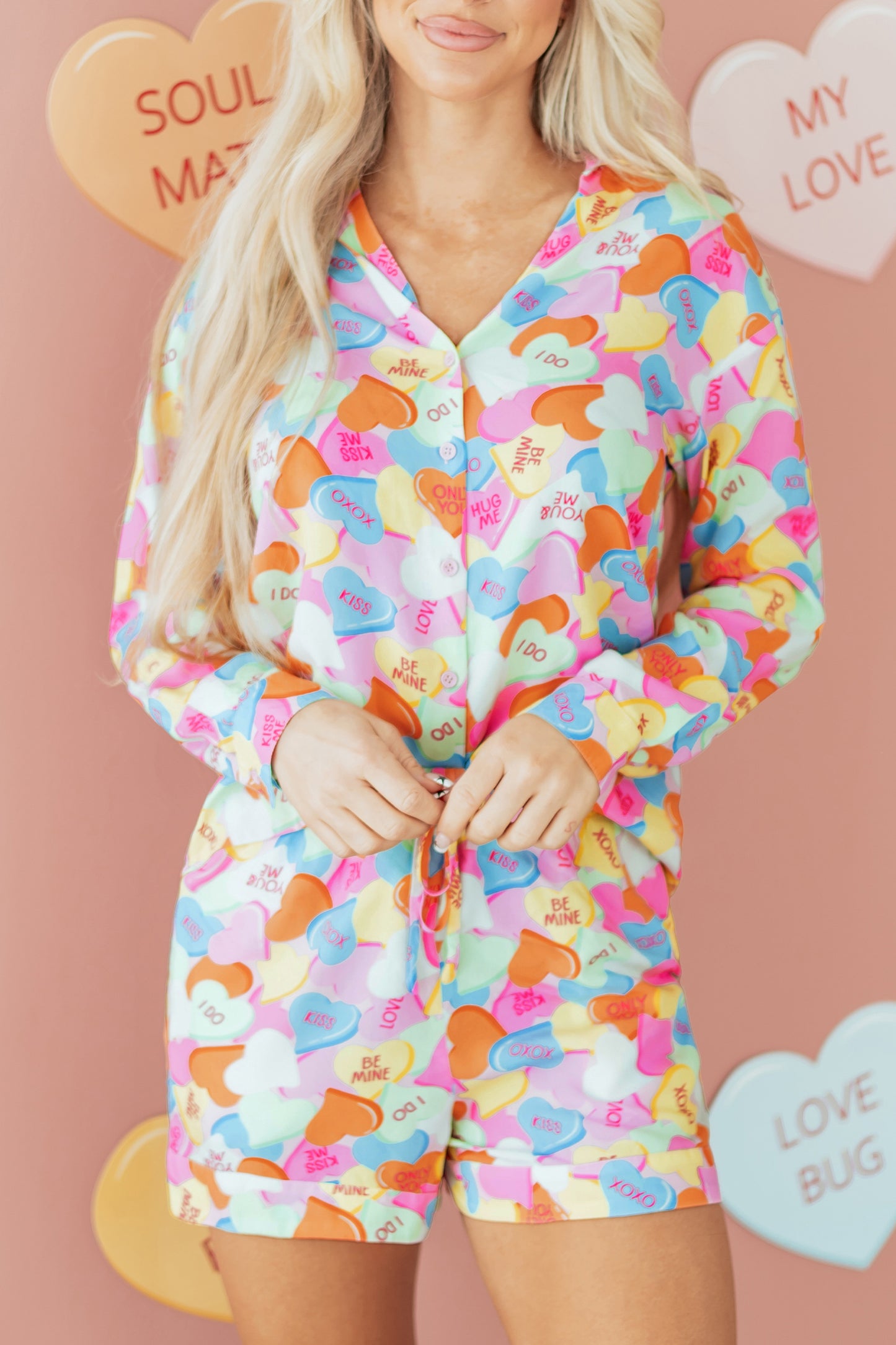 Pink Valentines Candy Heart V Neck Collared Tunic Shirt and Shorts 2pcs Pajama Set