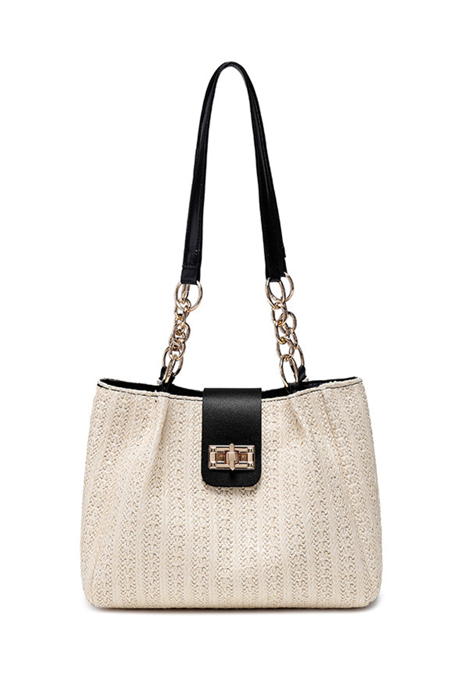 Black PU Leather Chain Handle Woven Textured Knit Tote Bag