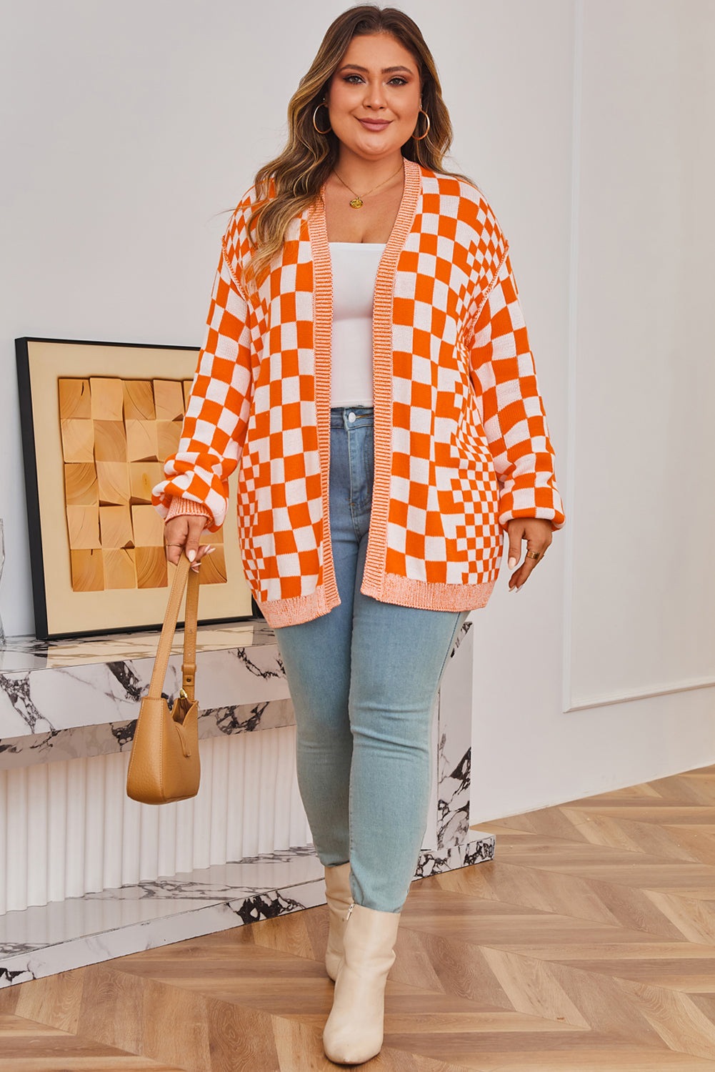Brown Checkered Bubble Sleeve Drop Shoulder Open Cardigan